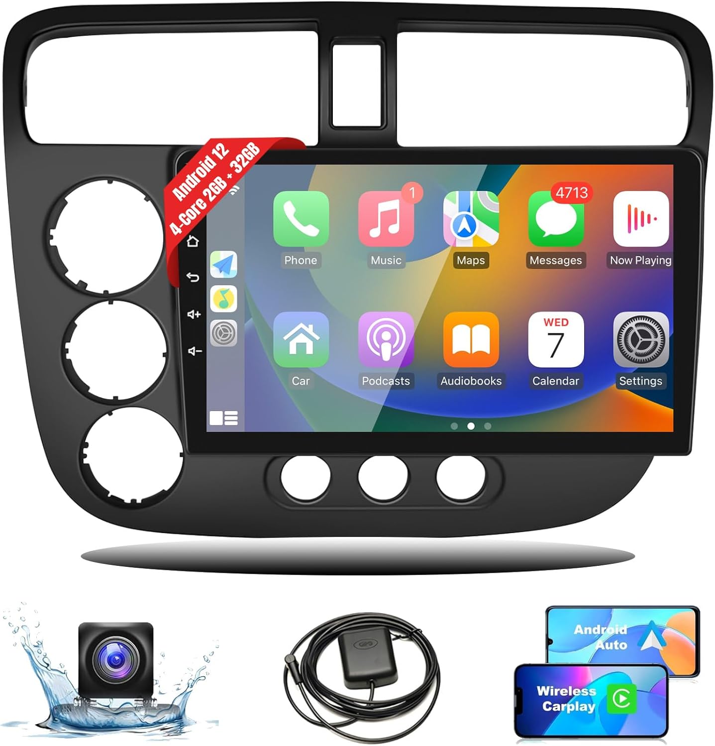 Leadfan Android Car Radio with Wireless Carplay Android Auto for Honda Civic 2001 2002 2003 2004 2005, 9 inch IPS Civic Touch Screen Stereo Head Unit Bluetooth 5.1/GPS/WiFi/FM/Rear Camera/SWC