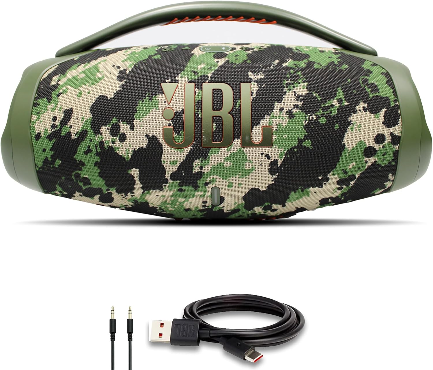 JBL Boombox 3 - Portable Bluetooth Speaker, IPX7 Waterproof, 24 Hours of Playtime (Squad) (JBLBOOMBOX3SQUADAM) + AUX Cable + USB-C Cable + Microfiber Cloth