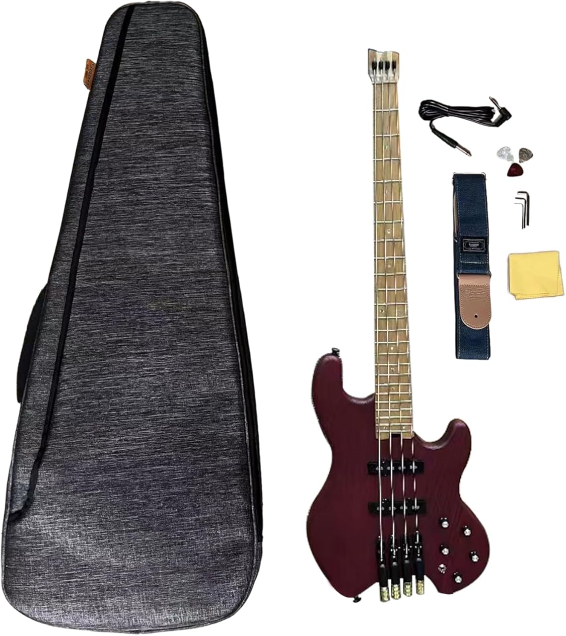 4-String Headless Electric Bass Guitar with ASH Body & Roasted Maple Neck – Active/Passive J-Style Pickups, 24 Stainless Steel Frets, Matte Finish Solid Body Bass (Dark Red with Bag)