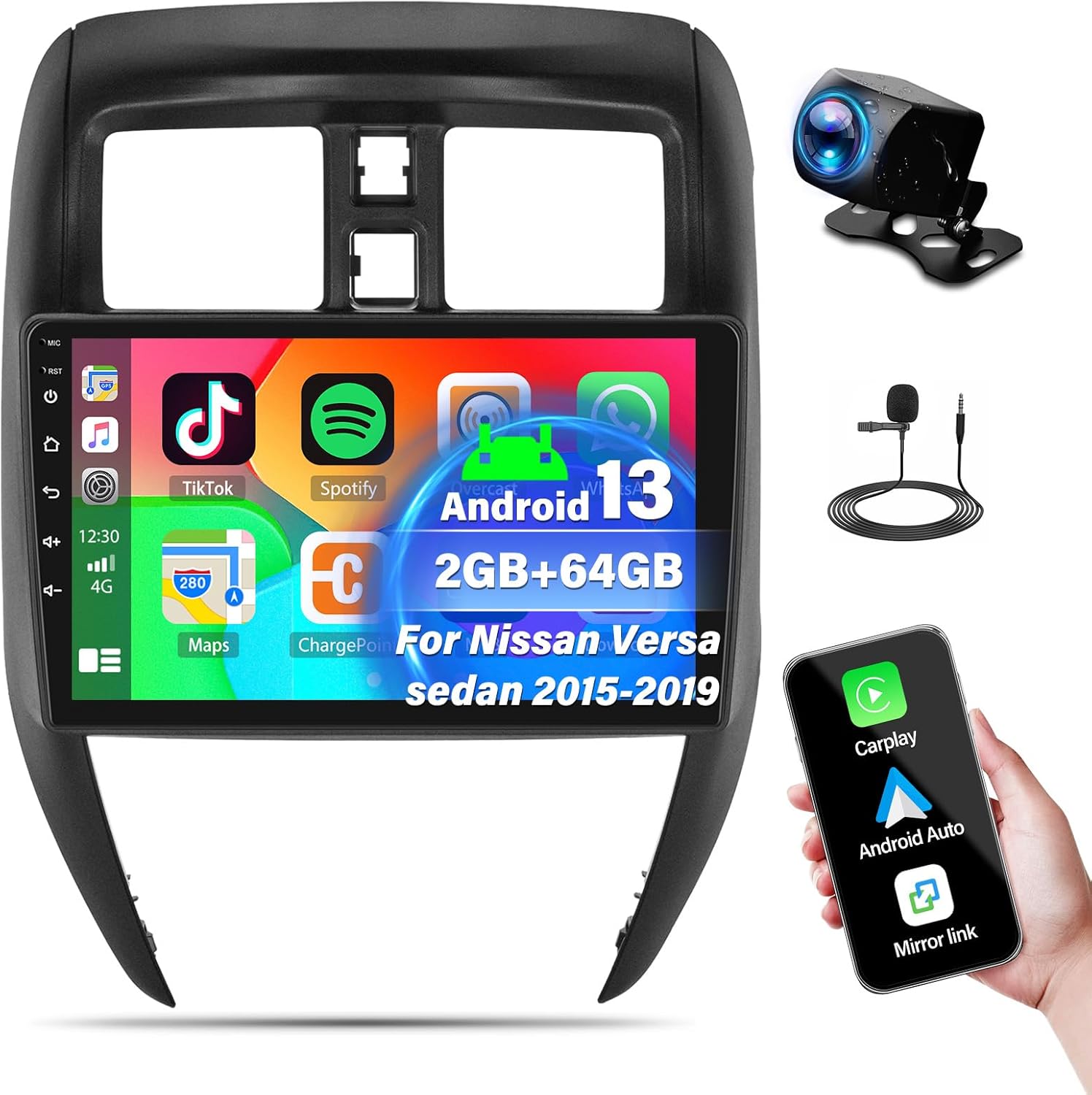 2G+64G Android 13 Car Stereo for Nissan Versa Sedan 2015-2019 Radio Wireless Carplay Android Auto, 10.1” Touchscreen Car Radio GPS Navigation/Mirror Link/Bluetooth/EQ/FM/RDS Radio + Backup Camera&Mic