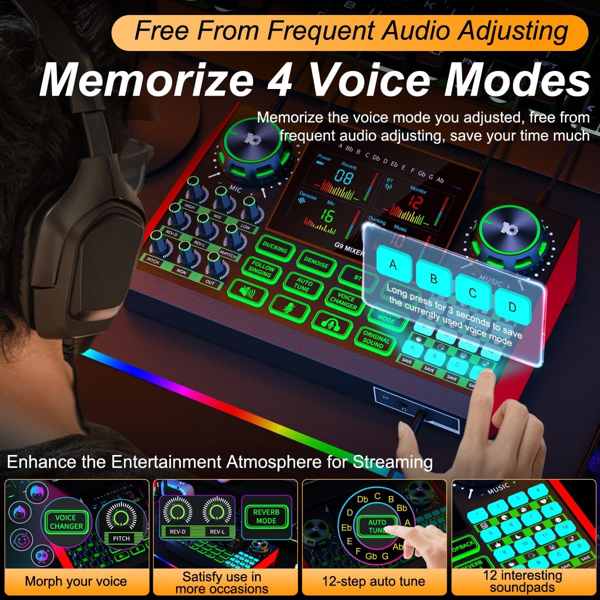 Tenlamp G9 Live Sound Card — Game audio mixer with built-in audio interface, compatible with smartphones and computers. Soundboard designed for live streaming and content creation.