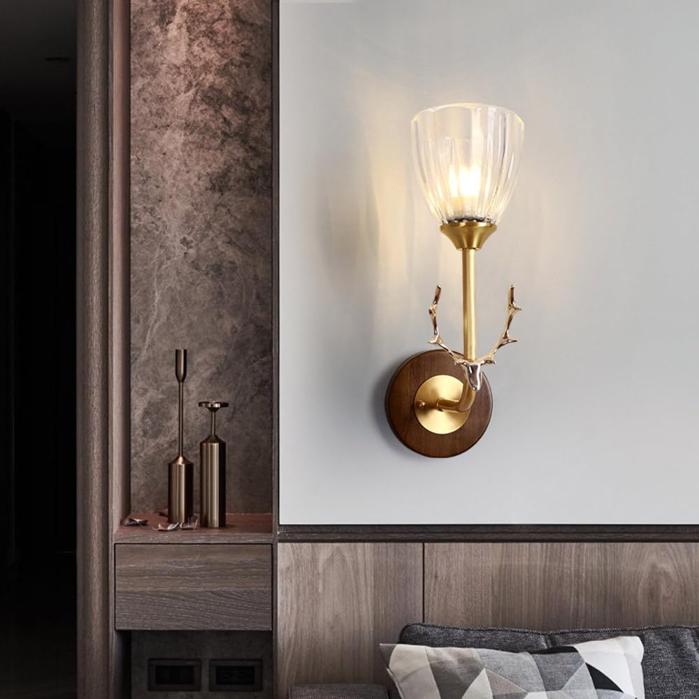 Vintage Wood Indoor Wall Sconce, Modern Gold Wall Light Fixture with Clear Glass Shade, Antler Decor Wall Mount Light for Living Room Bedside Bedroom Hallway Home Decor