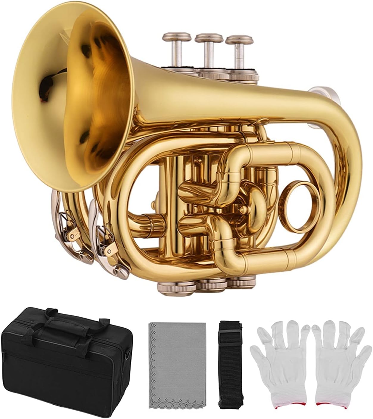 KESHUO Mini Pocket Trumpet Bb Flat Brass Material Wind Instrument with Mouthpiece Gloves Cleaning Cloth Carrying Case Trumpets (Color : 1)