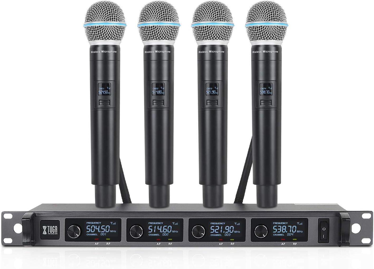 XTUGA A140 4 Wireless Microphone System, Handheld Cordless Mics UHF with Metal, 300ft Wide Range Fit for Karaoke Church Weddings Events