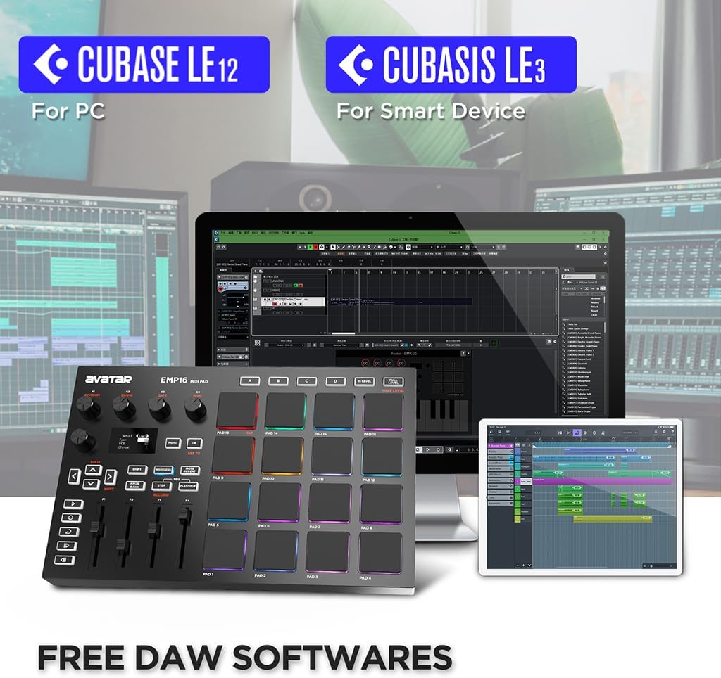 EMP16 MIDI Pad Controller Beat Maker Machine With Bluetooth, 16 RGB Velocity Sensitive Beat Pads, 16 Level, Full/Half Level, OLED Display, MIDI In/Out