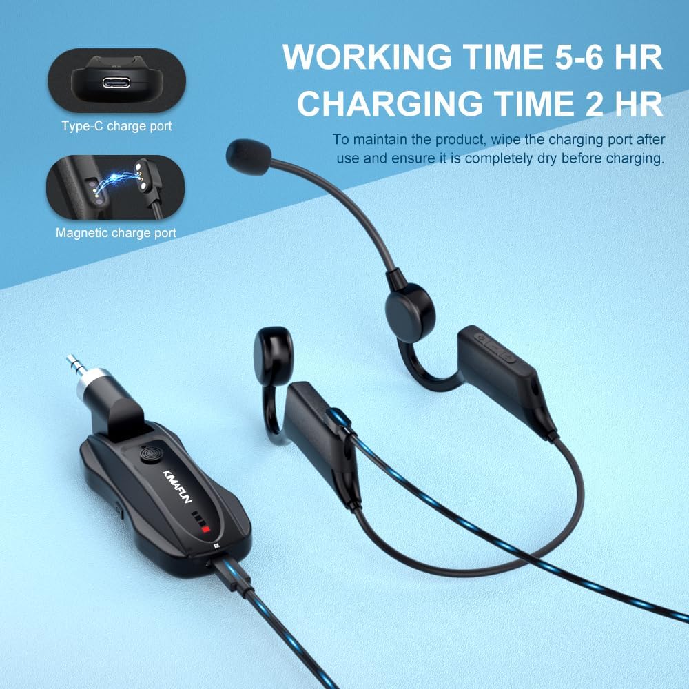 KIMAFUN 2.4G Fitness Headset Wireless Microphone, IP67 Waterproof Sweatproof Microphone for Water Aerobics, Swimming Coach, Fitness Instructor, Yoga, Spinning, Training, Teaching, Speakers, GWP91