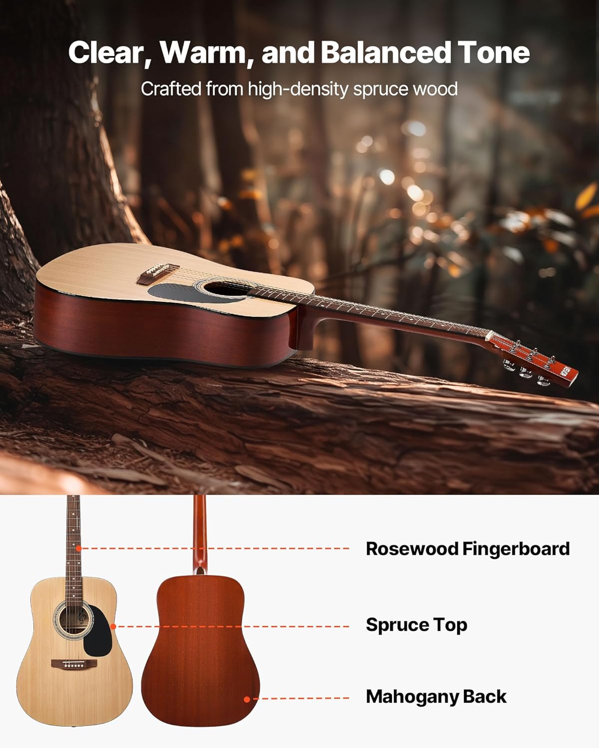 VEVOR Dreadnought Acoustic Guitar, 41 in, 6-String Natural Solid Spruce Top Guitar, Beginner Bundle with Gig Bag, Tuner, Strap, Strings, Picks, Capo, Rosewood Fingerboard, for Adults Taller Players