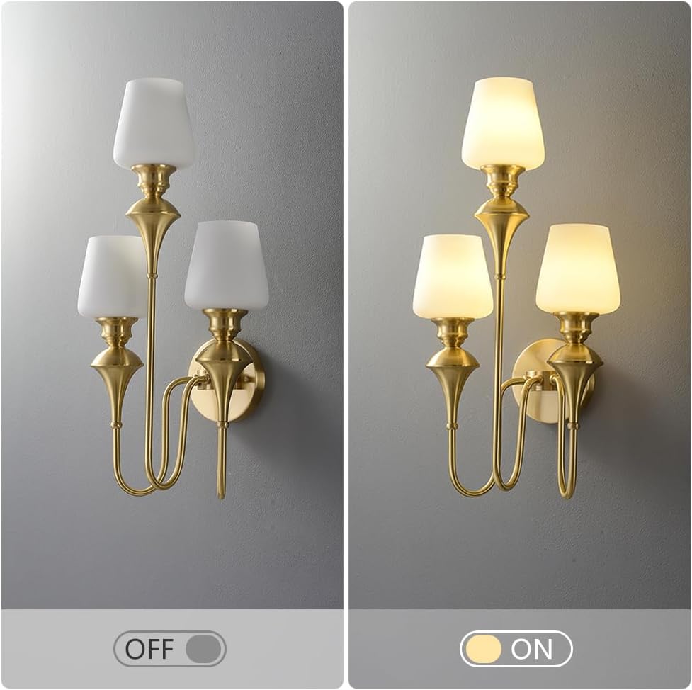 Brass Wall Lights Fixture Indoor, Vintage 3-Lights Wall Sconce Fixtures with Milky White Glass Lampshade, Mid Century Modern Gold Wall Mount Lamps Decor for Farmhouse Living Room Bedroom
