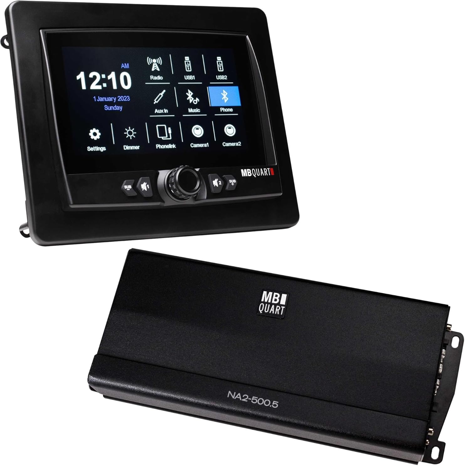 MB Quart GMR7v1 7” Touchscreen Waterproof IP67 Source Unit with Apple CarPlay, (External Amp Required) with MB Quart NA2-500.5 Compact 400 watt 5-Channel Powersports Amplifier