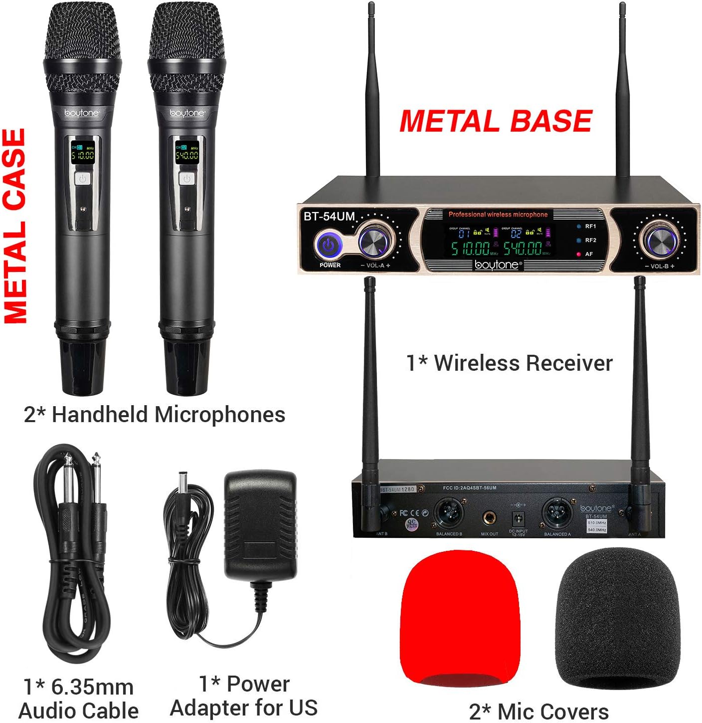 Boytone Dual Fixed Dynamic UHF Wireless Microphone System, Metal Microphone and Base, up to 260 FT(BT-54UM)