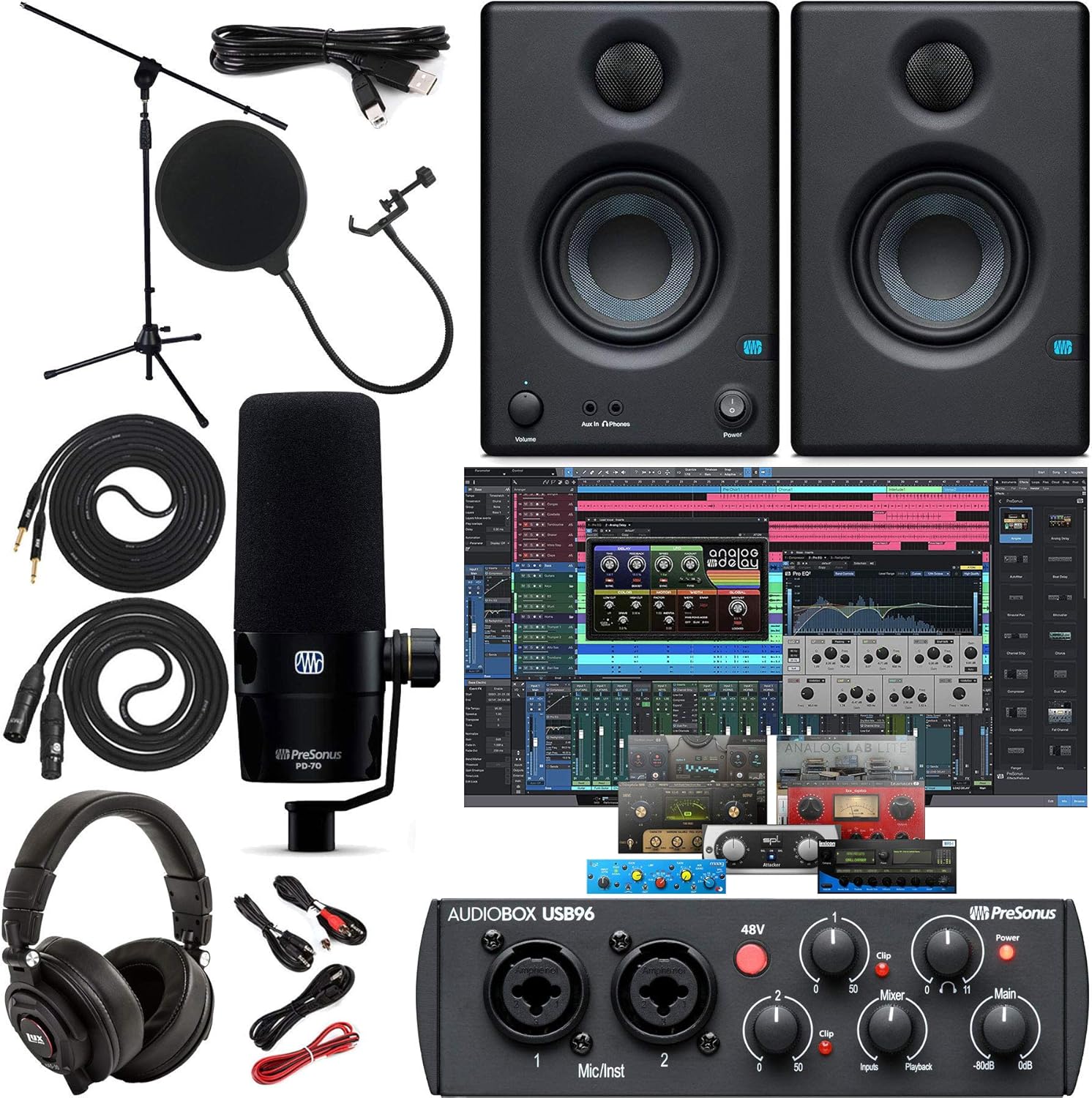 Presonus AudioBox 96 USB 2.0 Audio Interface Studio Bundle and PD-70 Dynamic Vocal Microphone with XLR Cable with Studio One Artist Software Pack with Eris 3.5 Pair Studio Monitors