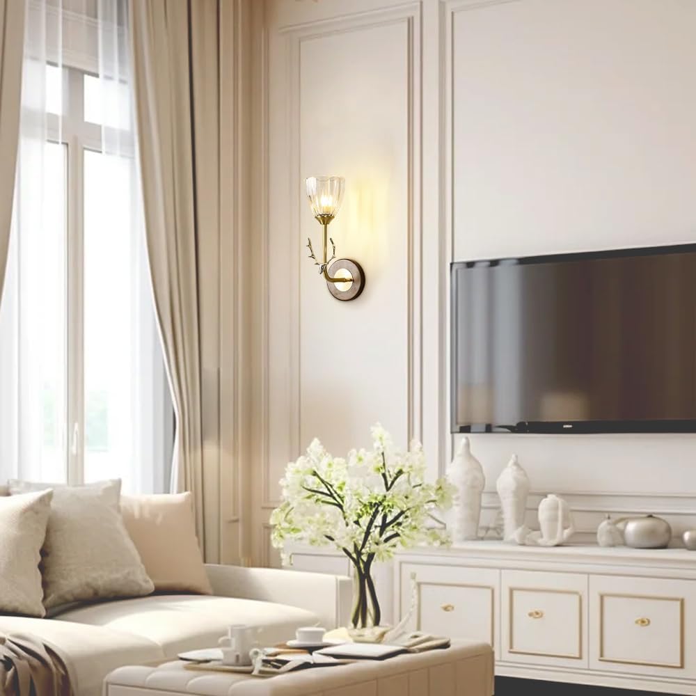 Vintage Wood Indoor Wall Sconce, Modern Gold Wall Light Fixture with Clear Glass Shade, Antler Decor Wall Mount Light for Living Room Bedside Bedroom Hallway Home Decor