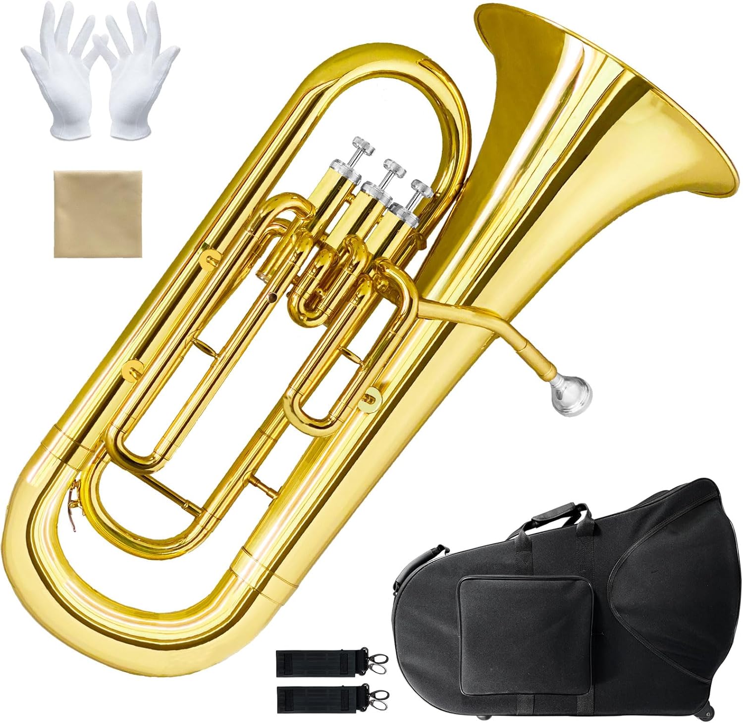 Bb Euphonium Brass Instrument for Beginners & Professionals | Includes Hard Case, Mouthpiece, Cleaning Cloth, and Gloves | Ideal for Brass Band Performance
