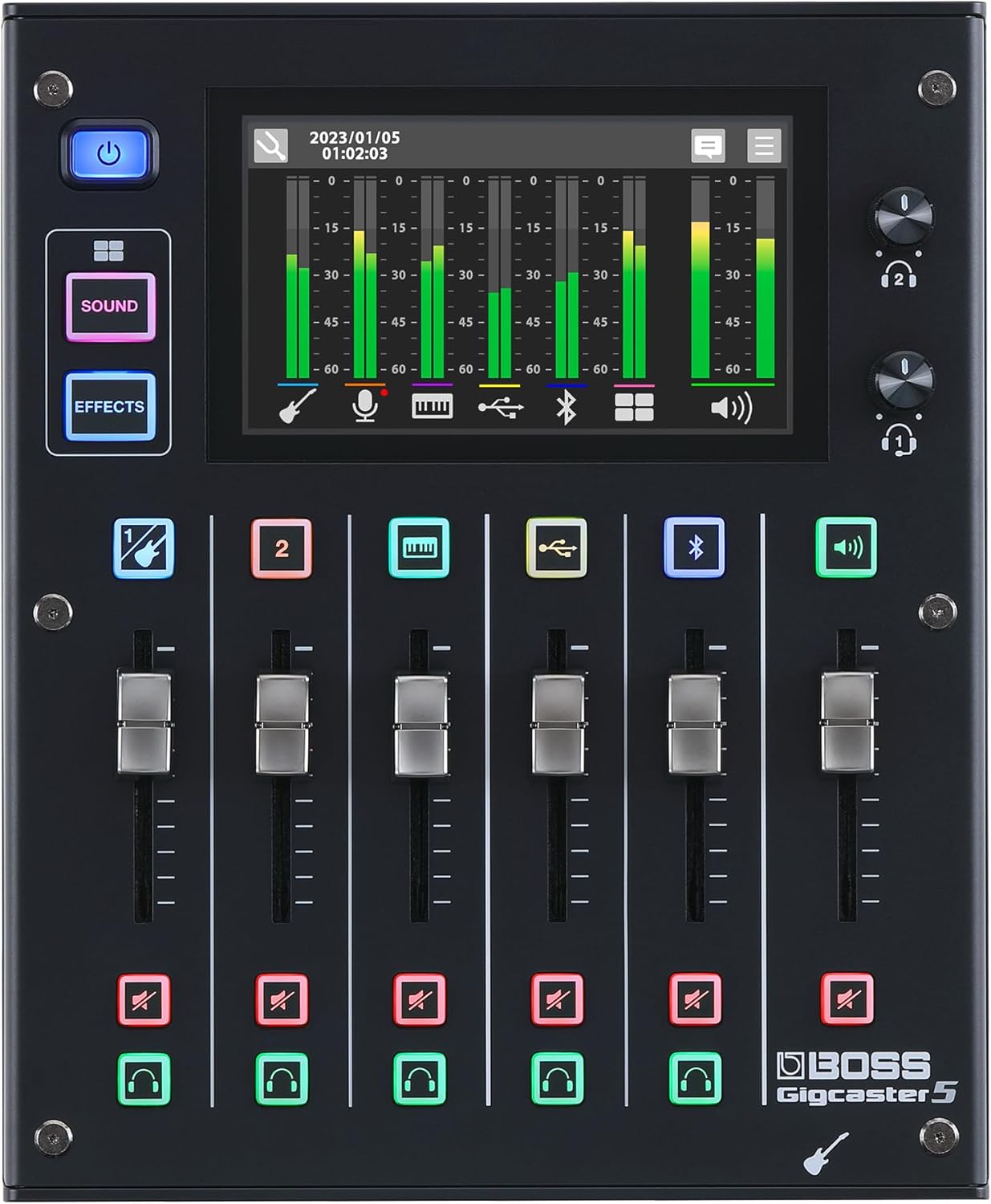 BOSS Gigcaster 5 Compact 5-Channel Audio Streaming Mixer with Direct Guitar/Bass Input | 2 XLR Mic Inputs | Stereo Line Input | 8 Touchscreen SFX Pads | 16x12 USB Audio Interface