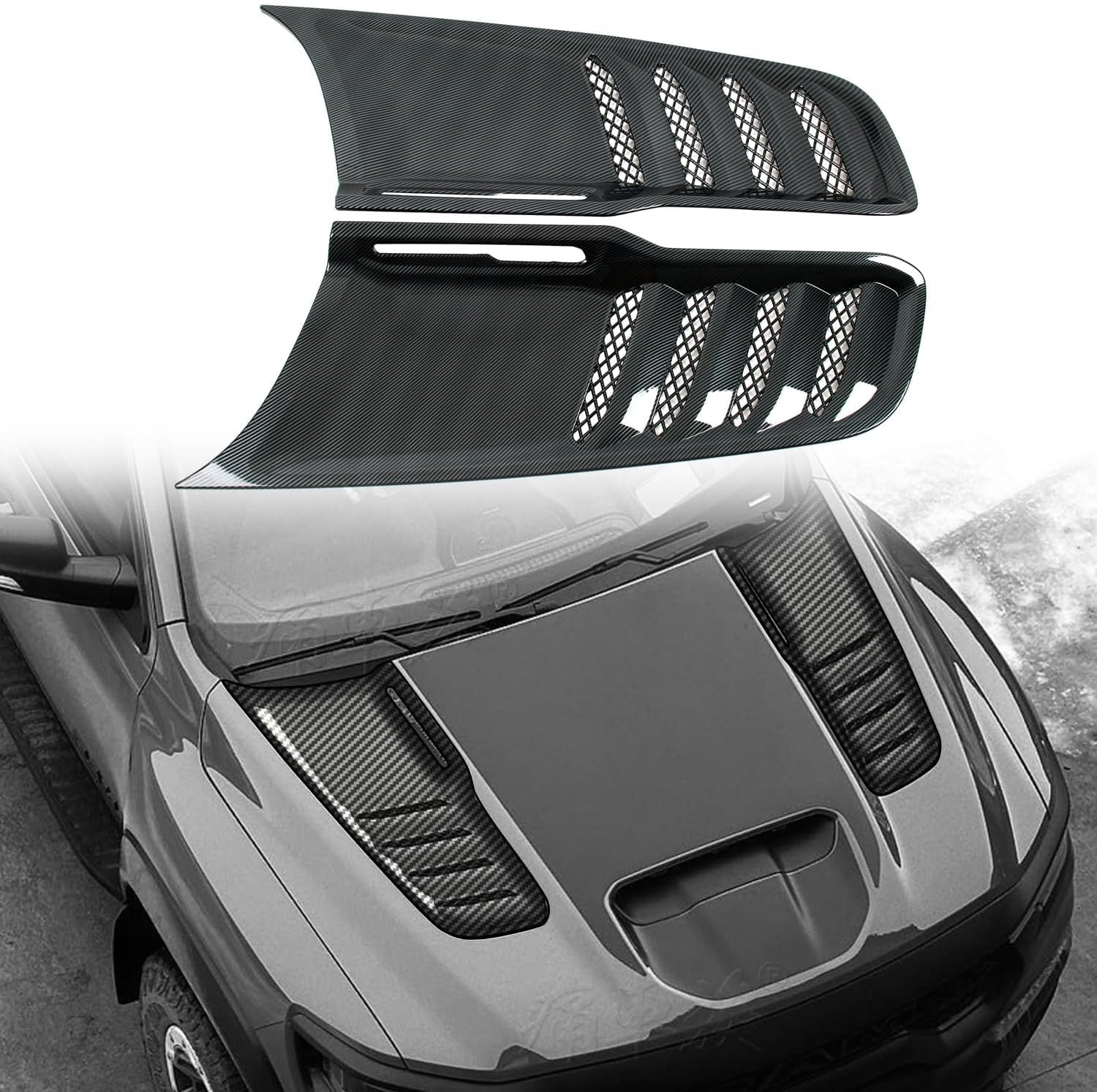 L2R for Ram 1500 TRX 2021-2024 Carbon Black Front Hood Scoop Intake Vent Bonnet Cover Trim ABS Exterior Car Accessories 2pcs