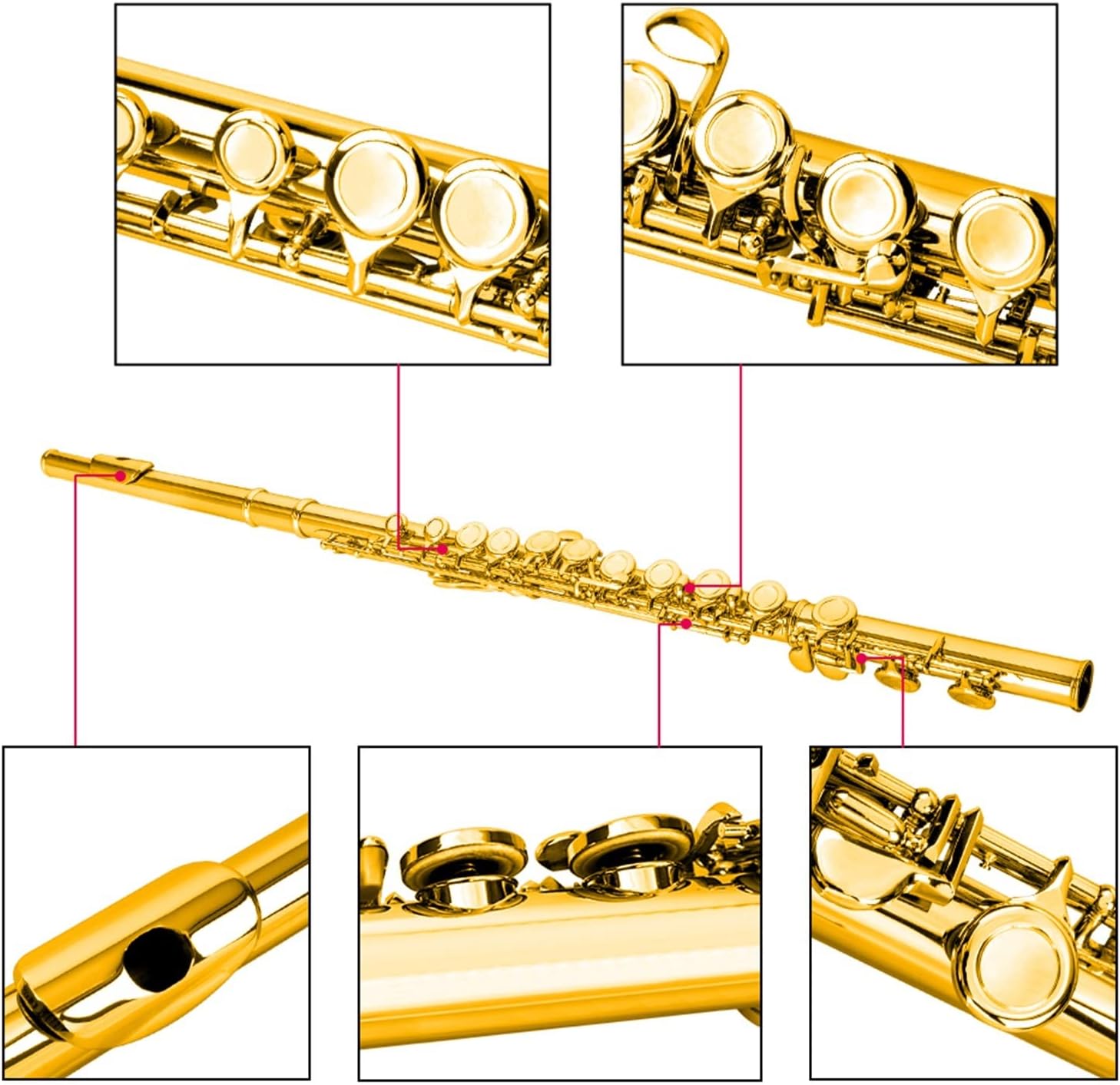 Flutes 16 Holes Flute Closed Hole C Tone Golden Flute Silver Key Cupronickel Woodwind Instruments