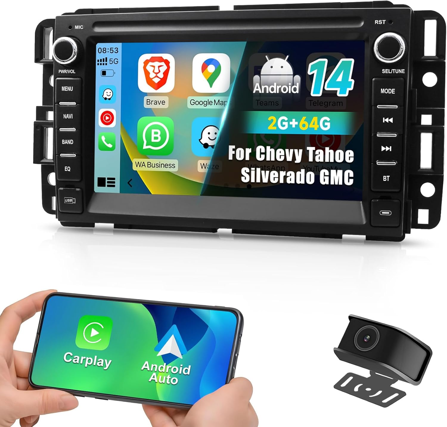 Car Stereo Radio for Chevrolet GMC Silverado Tahoe Yukon—Android 14, 2GB+64GB, CarPlay & Android Auto, Bluetooth, WiFi, GPS Navigation, 7