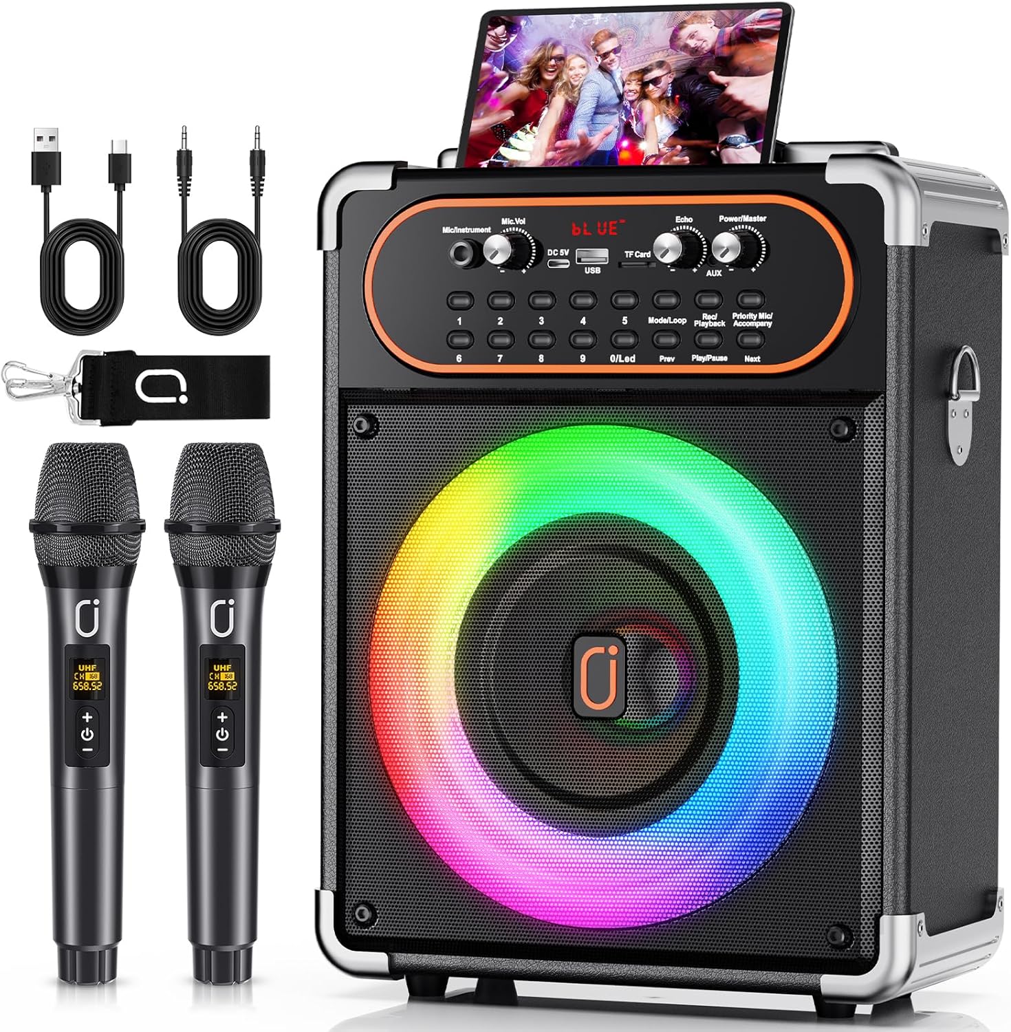 Karaoke Machine with 2 Microphones, Portable Bluetooth 5.3 Karaoke Speaker for Outdoor Events,Gatherings and Parties, PA System with Echo Adjustment for Adults, Stage-subwoofers