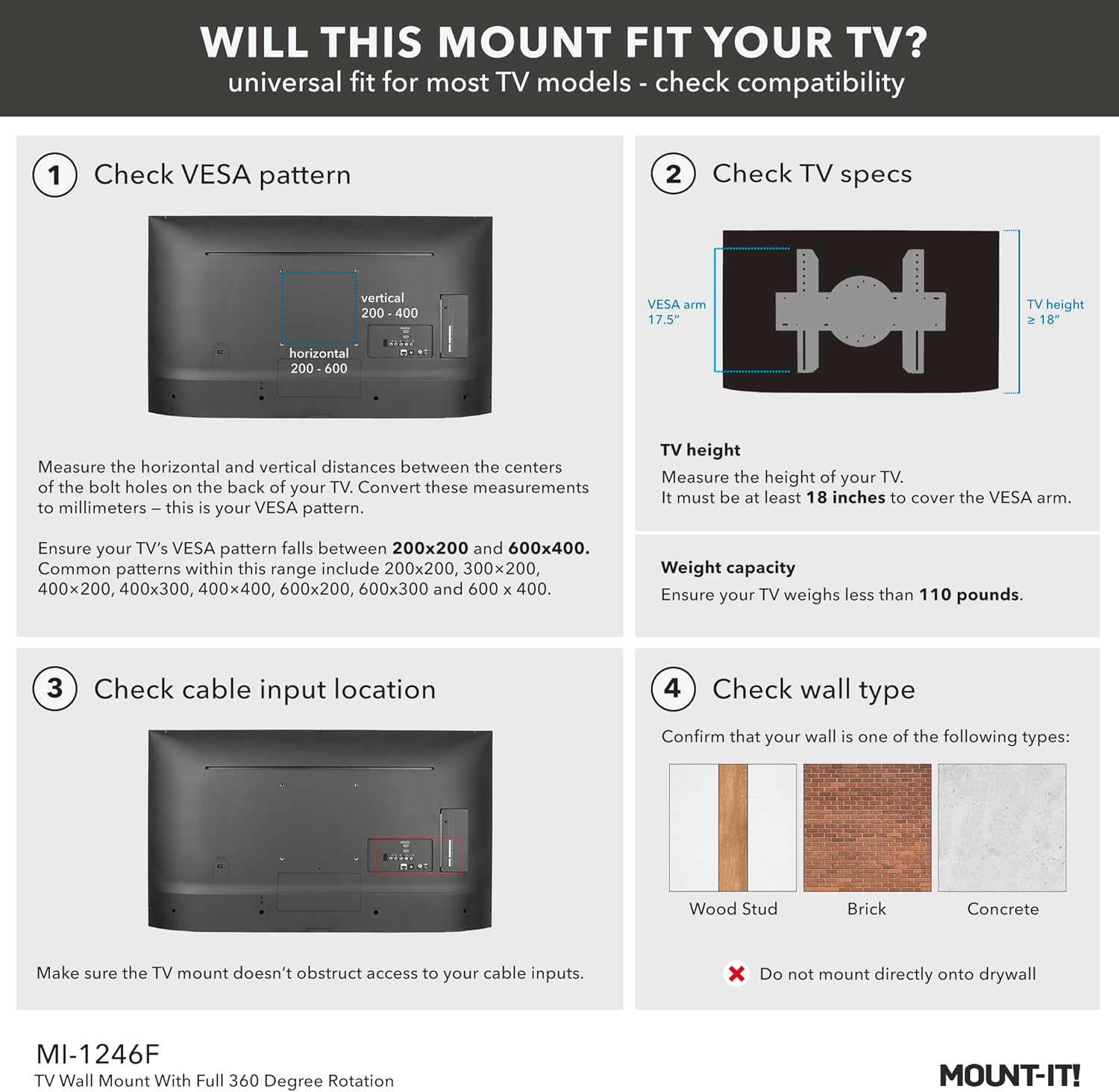 Mount-It! TV Wall Mount Landscape to Portrait Rotation, Fixed Mounting Bracket, Low-Profile for Samsung, Sony, Toshiba, Sharp, LG, Element, Westinghouse, TCL 32 to 60 Inch (Some 70