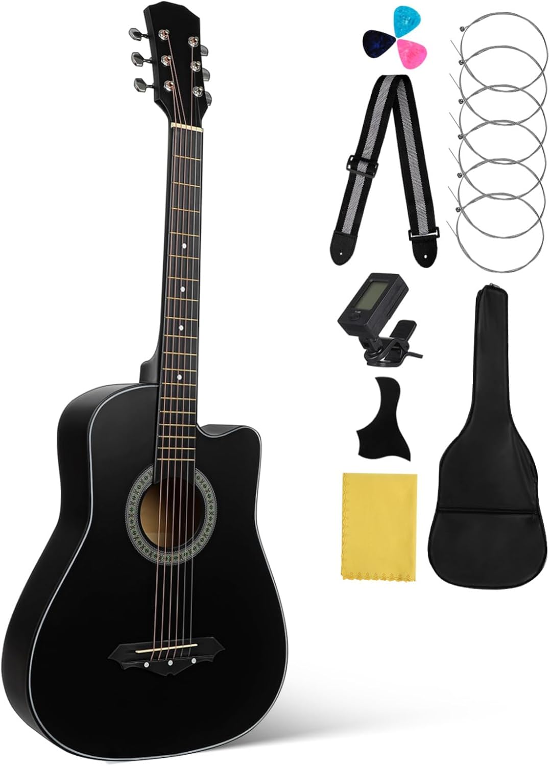Luxshiny Beginner Acoustic Guitar Kit for Adults Teens with Cutaway Basswood Body Comfortable Ergonomic Design Tone Complete Starter Including Bag Strap Tuner Picks and Pickguard for