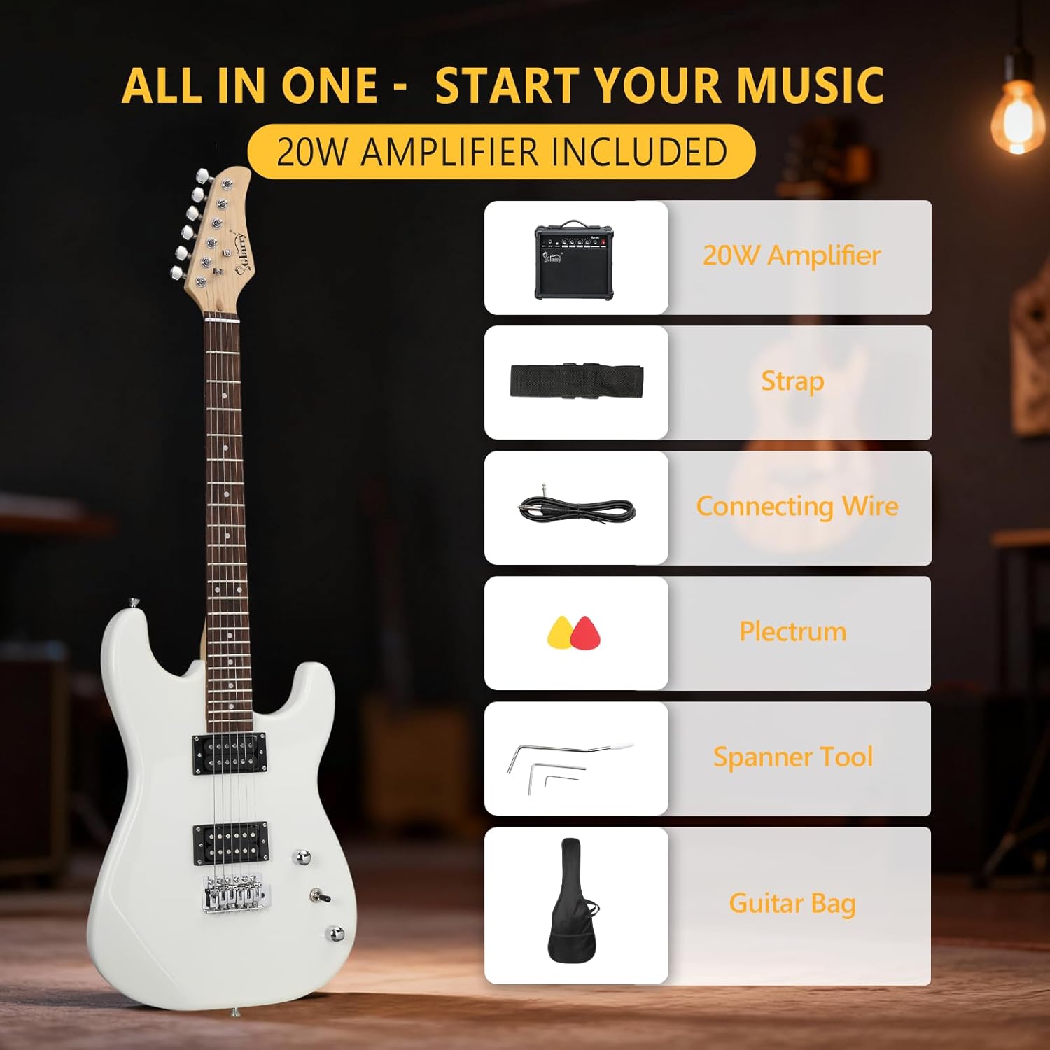 GLARRY 39in Electric Guitar Kit, H-H Pickup Full Size Set for Beginners, Starter Adults with 20W Amp, Guitar Bag, Strings, Strap, Pick (White)
