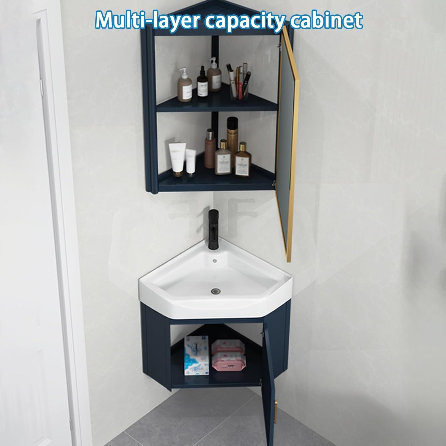 Corner Wall Mount Bathroom Sink, Corner Bathroom Vanity, Ceramic Corner Sink, Bathroom Sink Cabinets with Storage Container and Mirror Cabinet, for Toilet Cloakroom(43cm/16.9in)