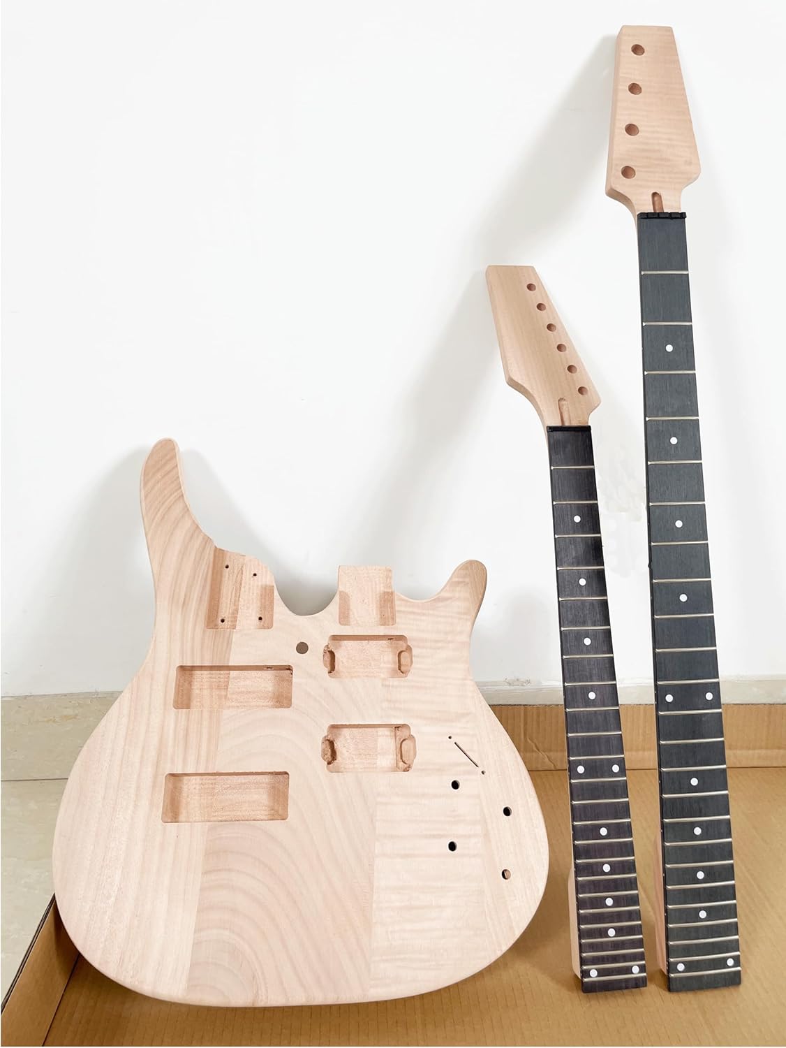 Electric Guitarr and Bass Double Neck Kit 6 String and 4 String Guitarr Kits Right Handed with Mahogany Body Mahogany Neck Rosewood Fingerboard Chrome Hardware DIY Build Your Own Bass and Guitarr.