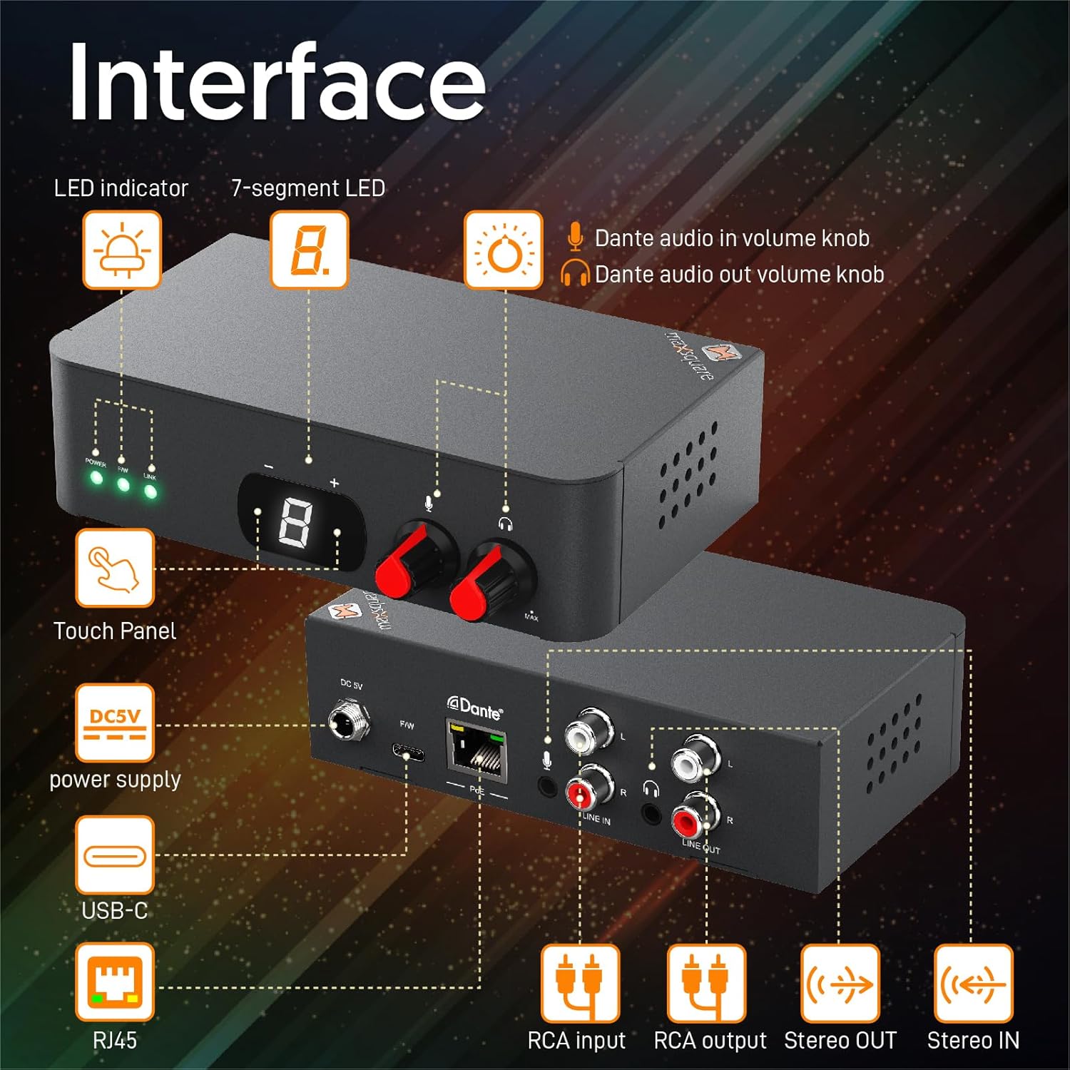 Dante Digital Audio Box, Bi-directional Dante Audio, Lip Sync Delay Adjustable, AES67 RTP, PoE, RCA, Stereo 3.5mm, TAA Compliant(MSQ-3600D)