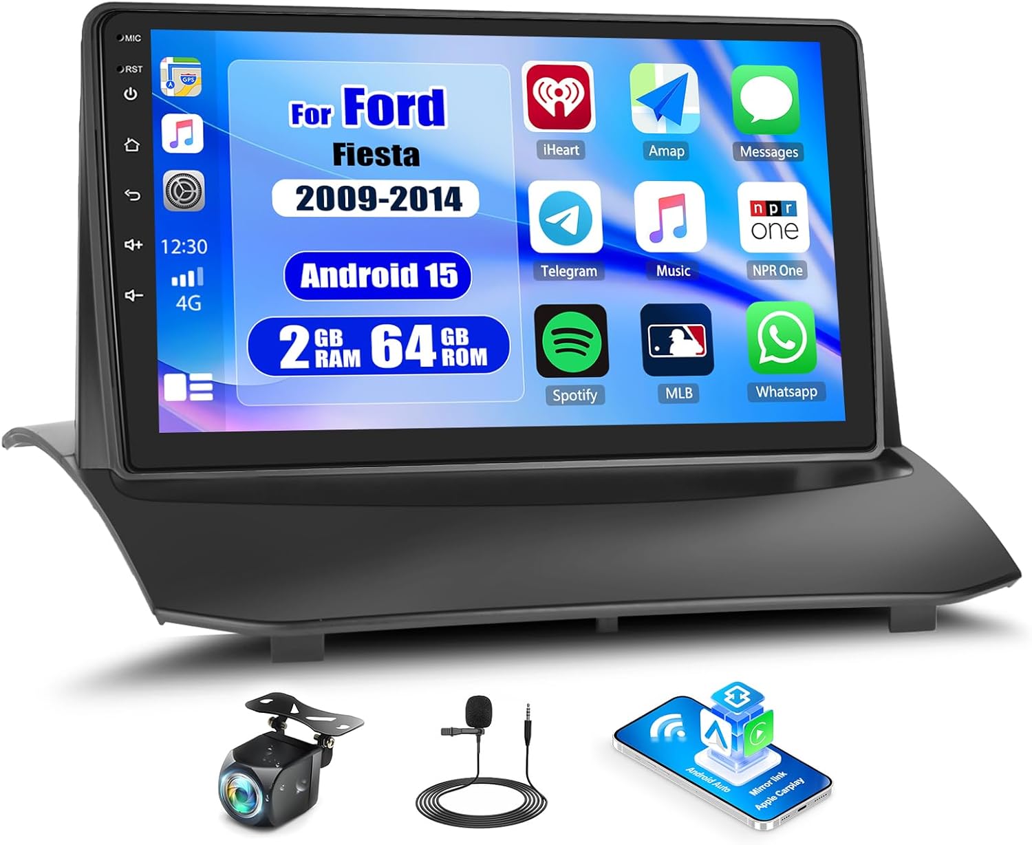 CAMECHO 2G+64G Android 13 Car Stereo for Ford Fiesta 2009-2014 9 Inch Touch Screen with Wireless CarPlay Android Auto Mirror Link 26UI Bluetooth FM GPS Navigation WiFi SWC Backup Camera