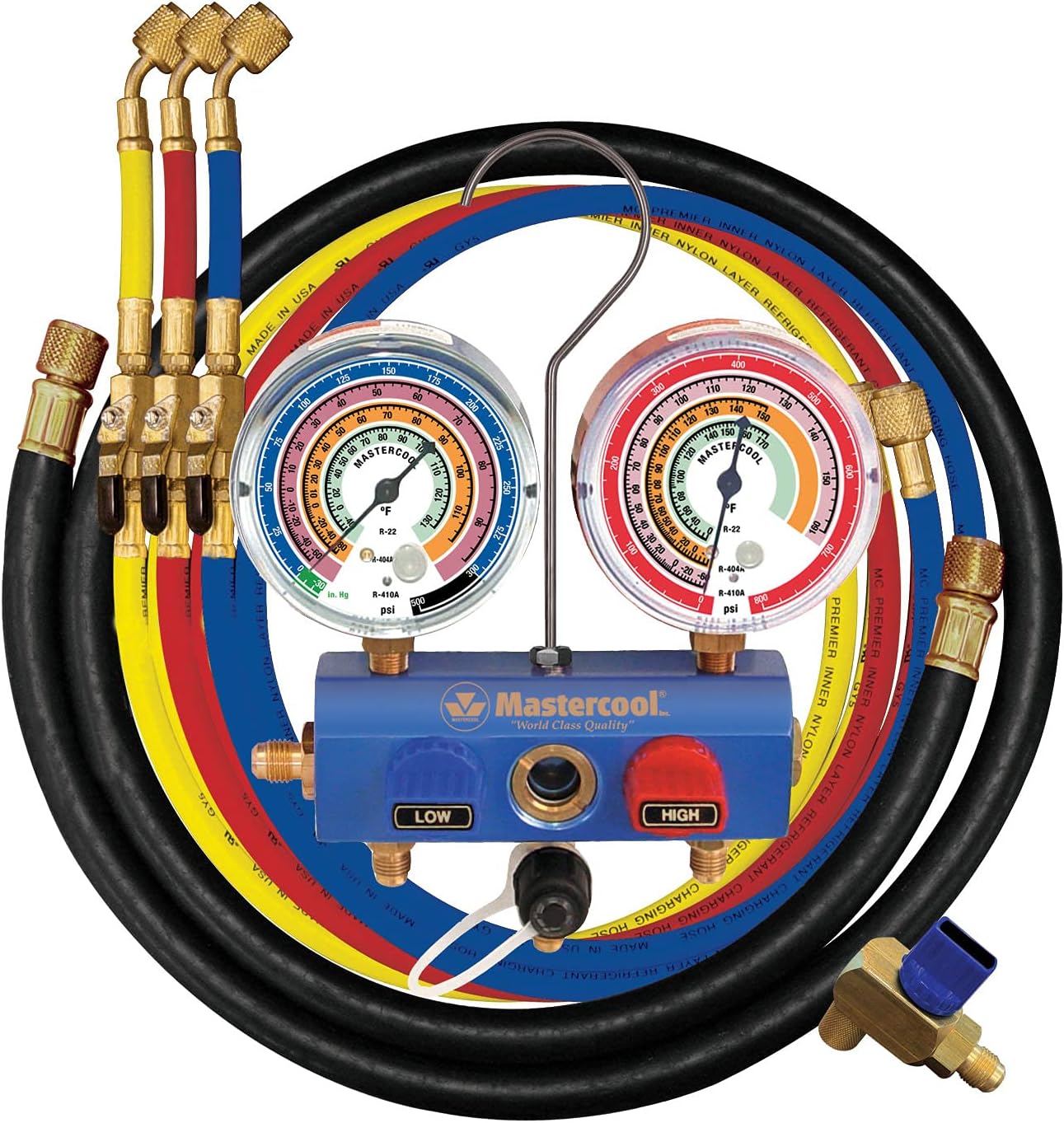 Mastercool (59861 Blue R410A, R22, R404A 3-Way Manifold Set with 3-1/8