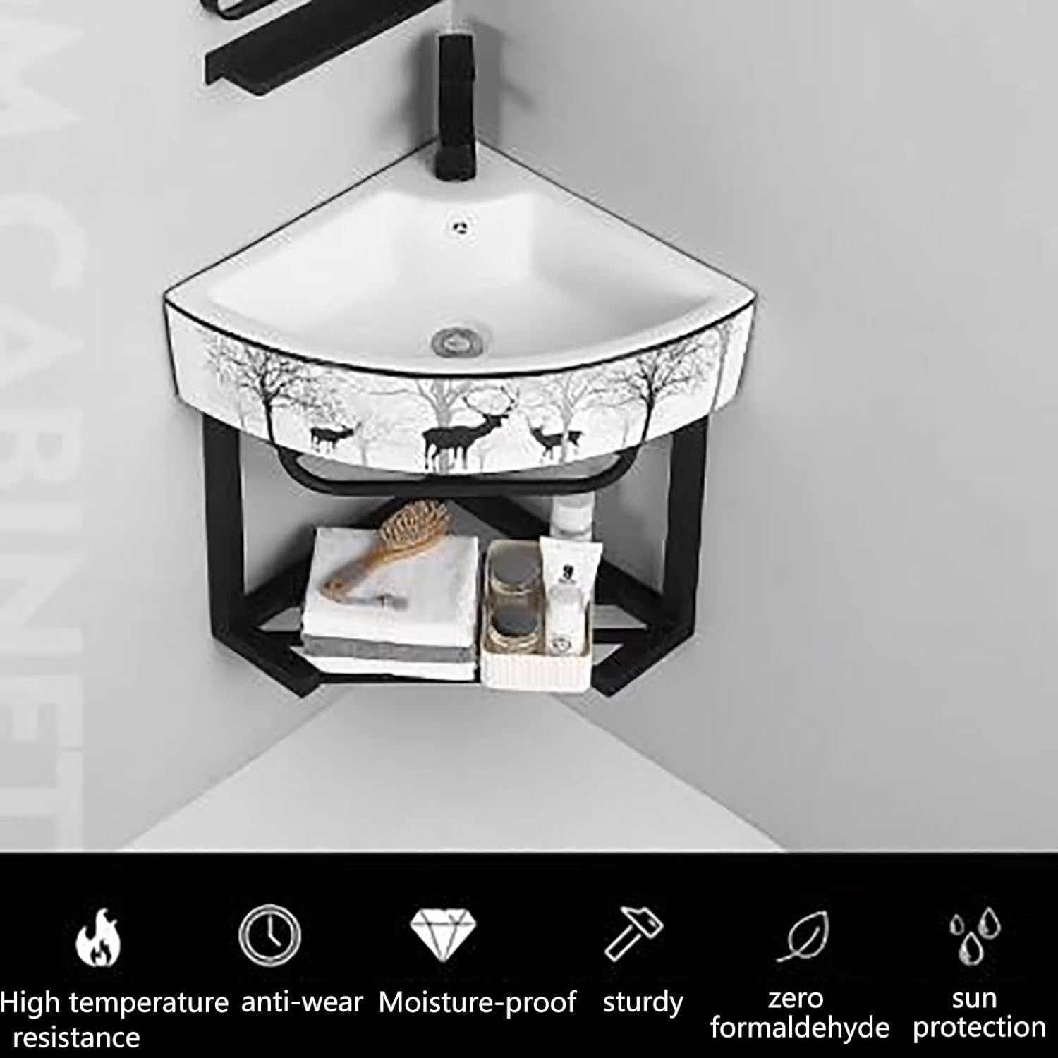 Corner Wall Mount Bathroom Sink, Wall Mounted Bathroom Sink, Scratch And Stain Resistant Finish, Bathroom Sink With Stainless Steel Rack Ceramic Vessel Sink, For Small Space ( Color : White , Size : 4