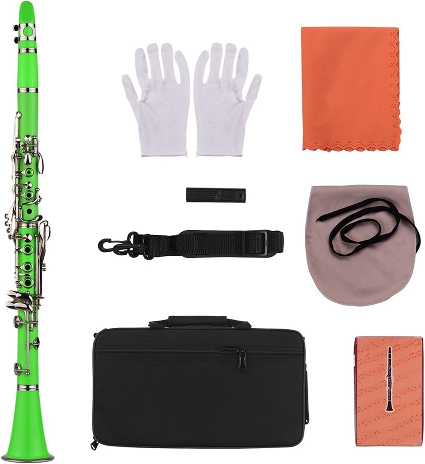 Standard Clarinet ABS 17-Key Clarinet Bb Flat Belt Suitcase Gloves Cleaning Cloth Reed Box 10 Pieces Reed Woodwind Instrument Beginner Clarinet (Color : Green)