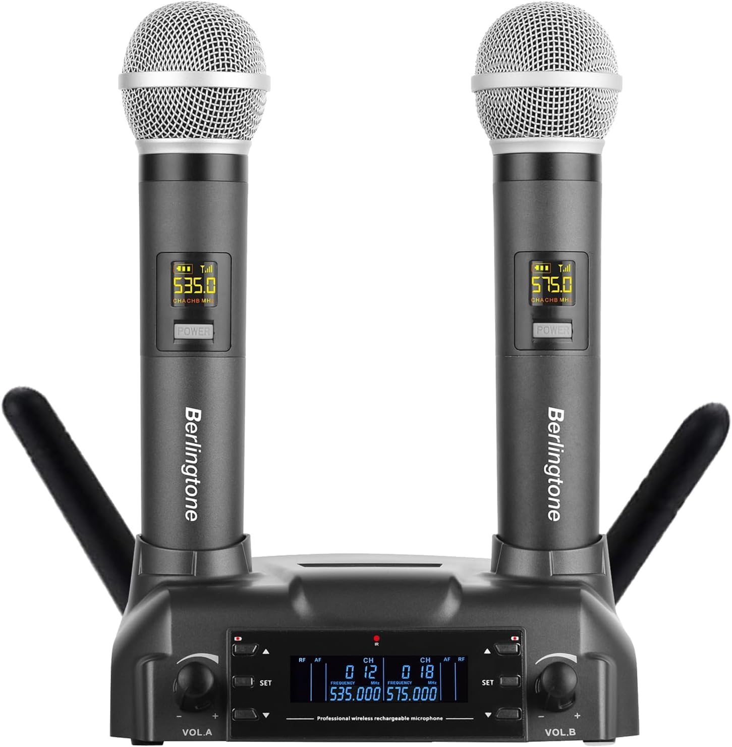 Berlingtone) Professional Dual Dynamic Handheld UHF Wireless Microphone System, Magnetic Wireless Charging, 200 Adjustable Frequency Channels for Karaoke, Meeting, Church, up 200ft Range, BR-60UM