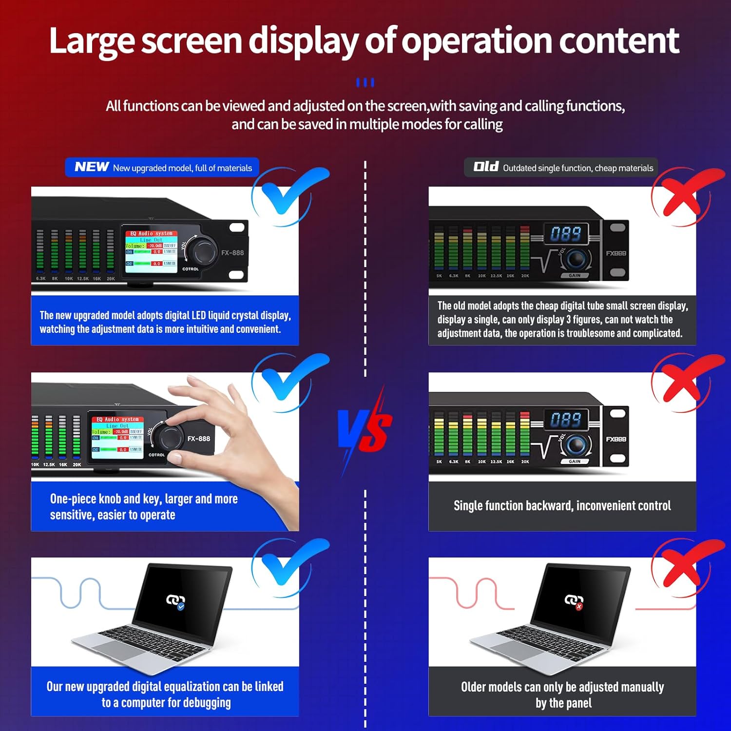 FX-888 Dual channel synchronized control 31-Band Digital equalizer Stereo Graphic EQ Noise Reduction Each segment with LED Spectrum Display Operation Content display large screen.