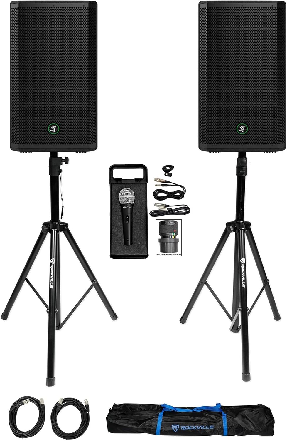 Audiosavings Bundle: (2) Mackie Thrash212 12 1300W Active DJ PA Speaker Bundle with Pair of Rockville Adjustable Tripod Speaker/Light Stands+(2) XLR Cables + Rockville RMC-XLR DJ Microphone (4 Items)