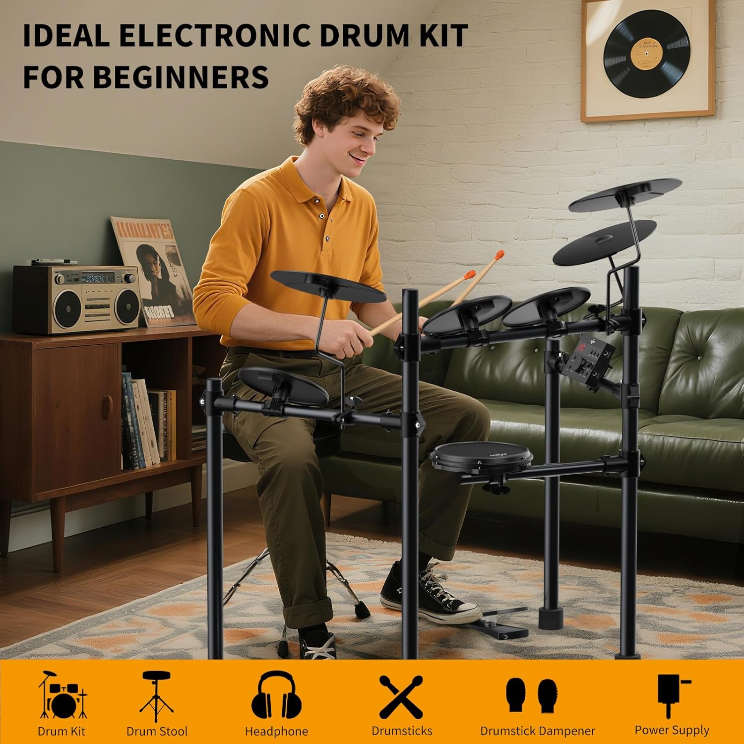 AiJoy Electric Drum Set for Beginners with 210 Sounds, 4 Quiet Drum Pads, 10'' Cymbals, Electronic Drum Kit with Headphones, 2 Pedals, Throne, Sticks, Gifts for Kids Adults (ADD15)
