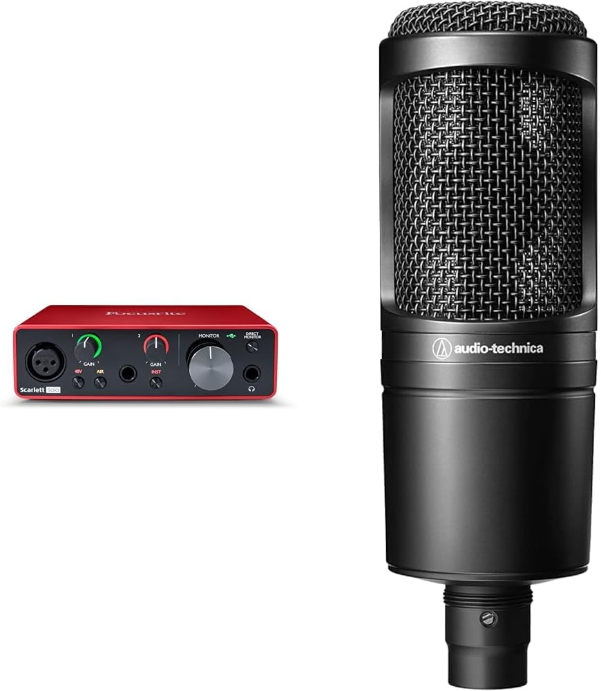 Audio-Technica AT2020 Cardioid Condenser Studio XLR Microphone, Black, Ideal for Project/Home Studio Applications & Focusrite Scarlett Solo (3rd Gen) USB Audio Interface with Pro Tools | First