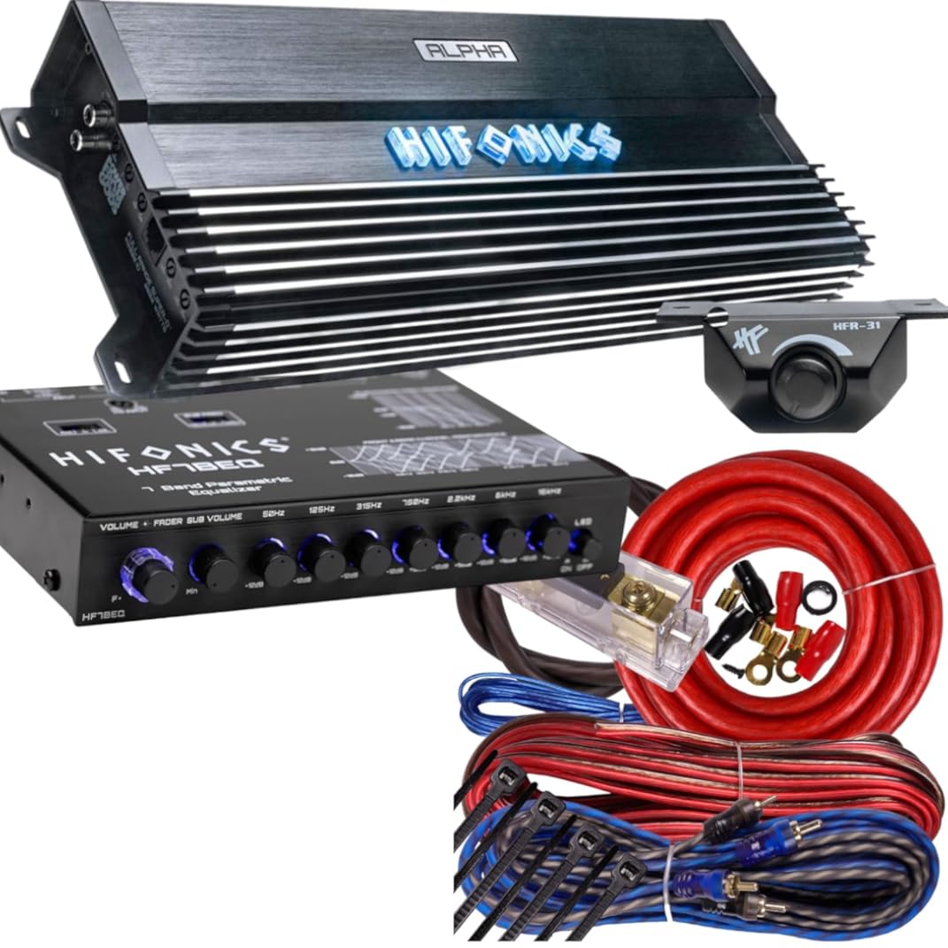 Hifonics Alpha A2000.1D 2000W Super D-Class Monoblock Car Amplifier for Subwoofers with O Gauge Amp Kit, Hifonics EQ, and Bass Knob Included