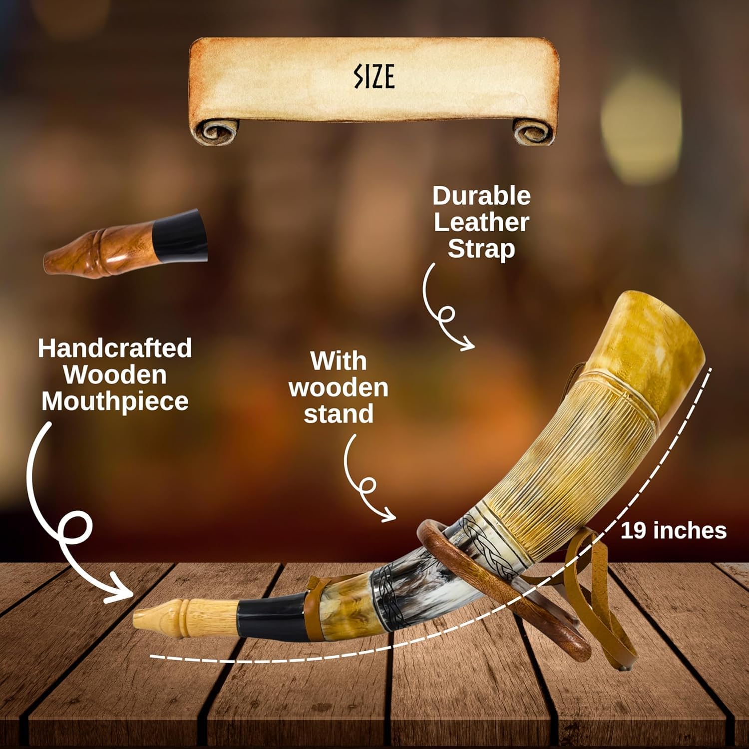 Viking Blow Horn | Genuine Ox Horn Trumpet | Viking Bugle Hunting tool with Wooden Stand | Ideal for Medieval Battle & Norse Gathering Fans | Handcrafted Antique Unique Gift for Men - 16