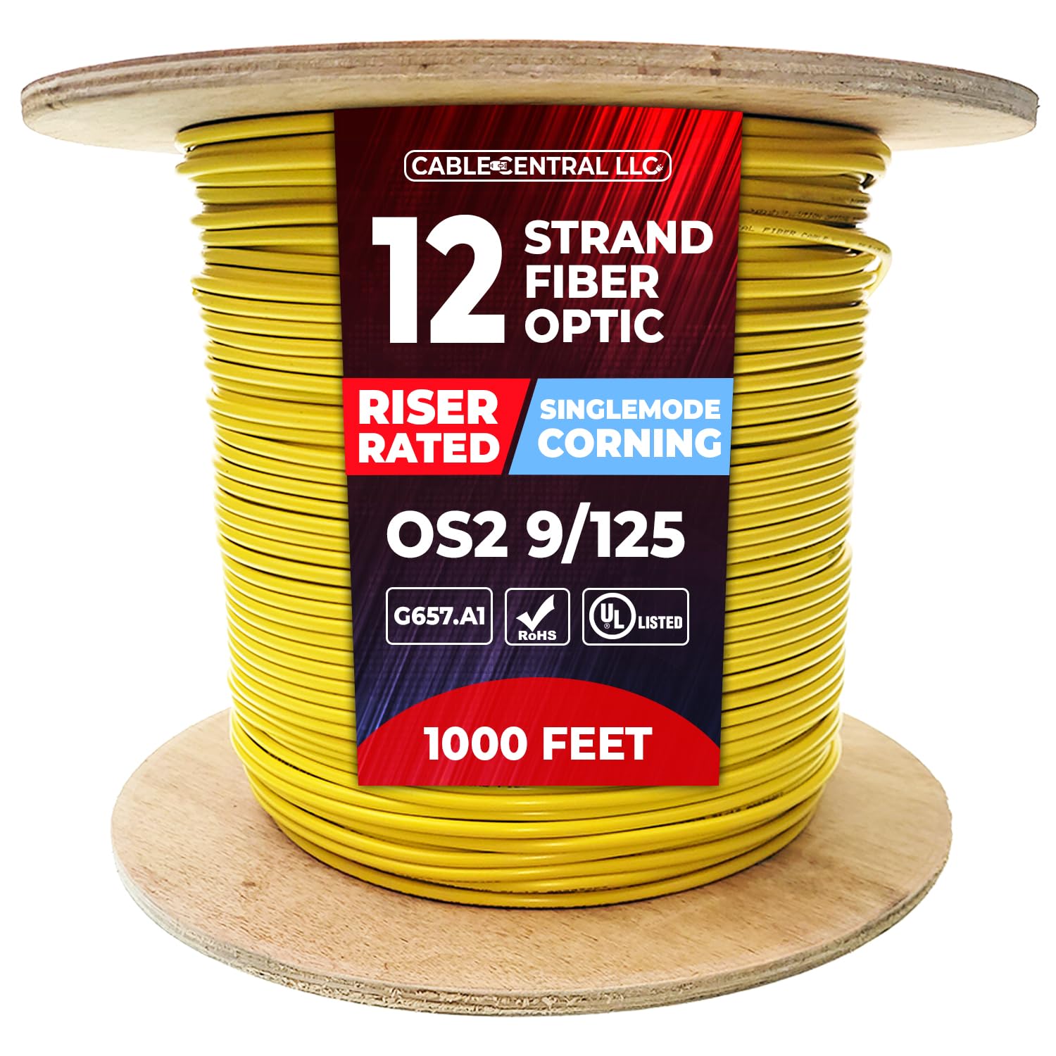 12 Strand Indoor Distribution Fiber Optic Cable, OS2 9/125 Singlemode, Corning, Yellow, Riser Rated, Spool, 1000 Feet