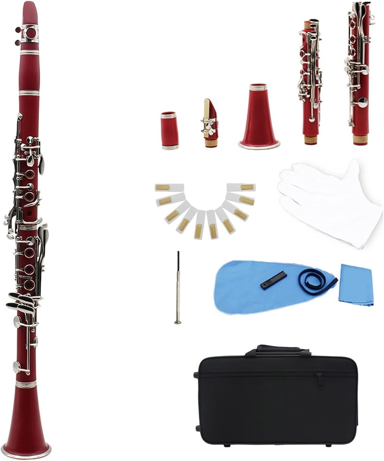 KESHUO Clarinet ABS 17 Key BB Flat Saxophone Binocular Clarinet with Cleaning Cloth Gloves 10 Reeds Screwdriver Case Woodwind Instrument Student Standard Clarinet Set (Color : Crimson)