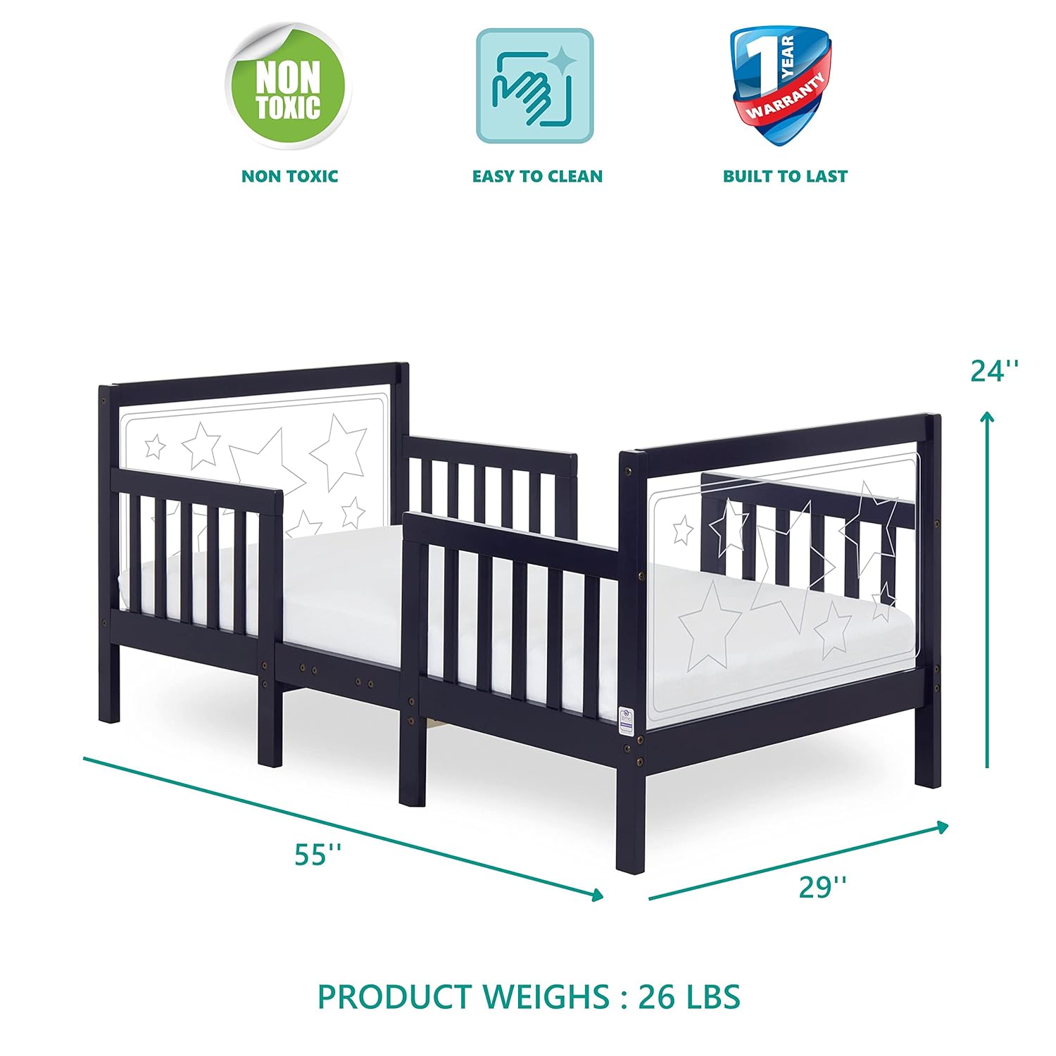 Dream On Me Star 3 in 1 Convertible Toddler Bed in Cool Navy, Converts to Chair&Table, Non-Toxic Finish, JPMA Certified, Made of Durable & Sustainable Pinewood