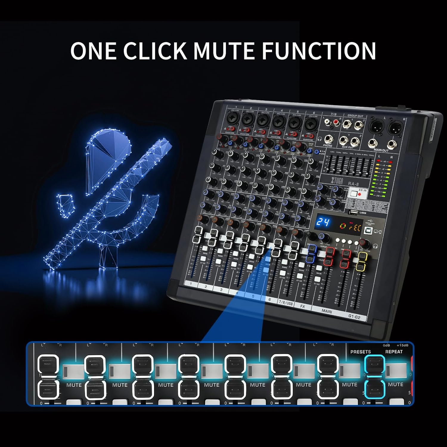 XTUGA RA8 Professional 8 Channel DJ Mixer 24 DSP Effects Mono and Stereo Sound Input EQ 7-band EQ Bluetooth with Indepandent Group Effect Mute USB Audio Interface for PC smartphone…