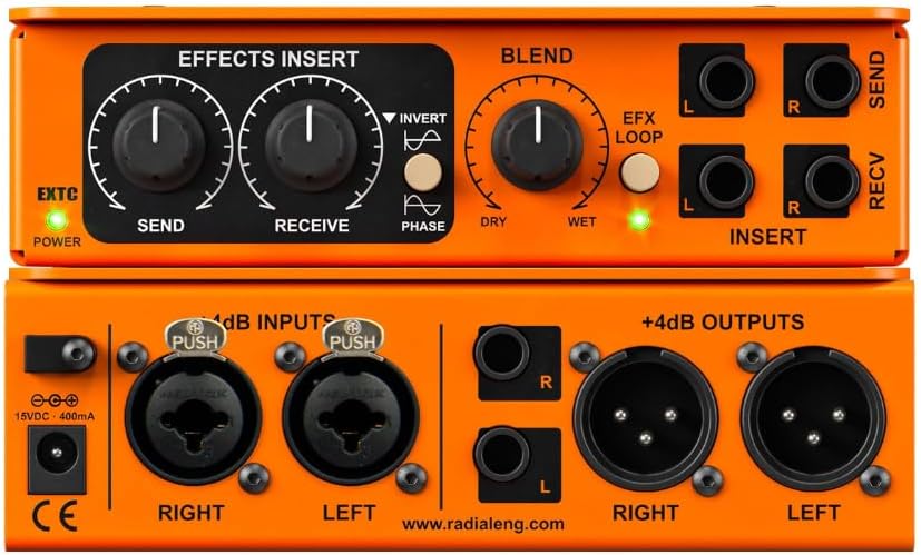 Radial Engineering EXTC-Stereo Guitar Effects Interface & Reamper Bundle w/ 2-Pack Pig Hog 10' Orange Cream 2.0 Instrument Cable, Power Adapter and Liquid Audio Polishing Cloth
