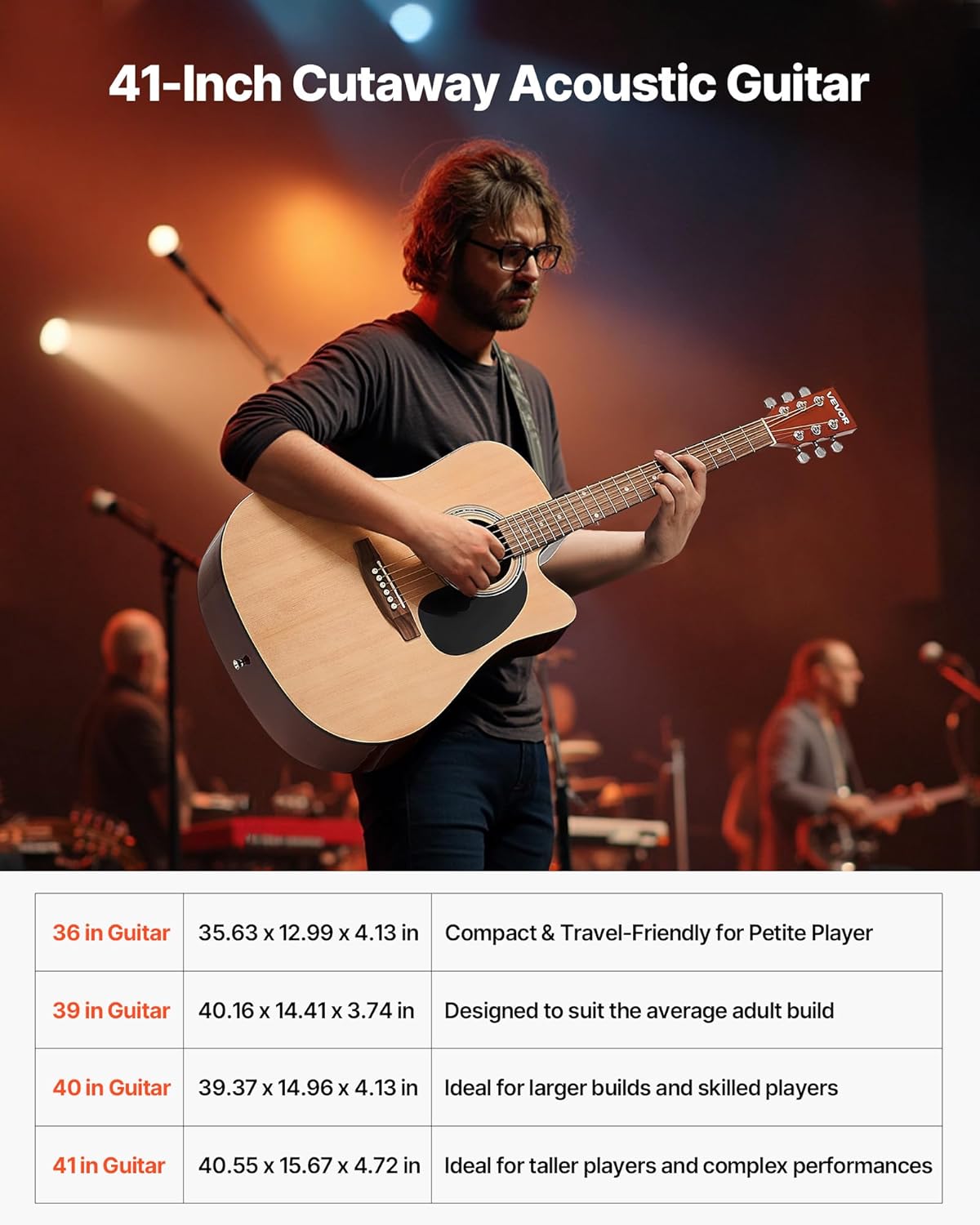 VEVOR Cutway Acoustic Guitar, 41 in, 6-String, Natural Solid Spruce Top Guitar, Beginner Bundle with Gig Bag, Tuner, Strap, Steel Strings, Picks, Capo, Rosewood Fingerboard, for Fingerstyle Solo Jazz