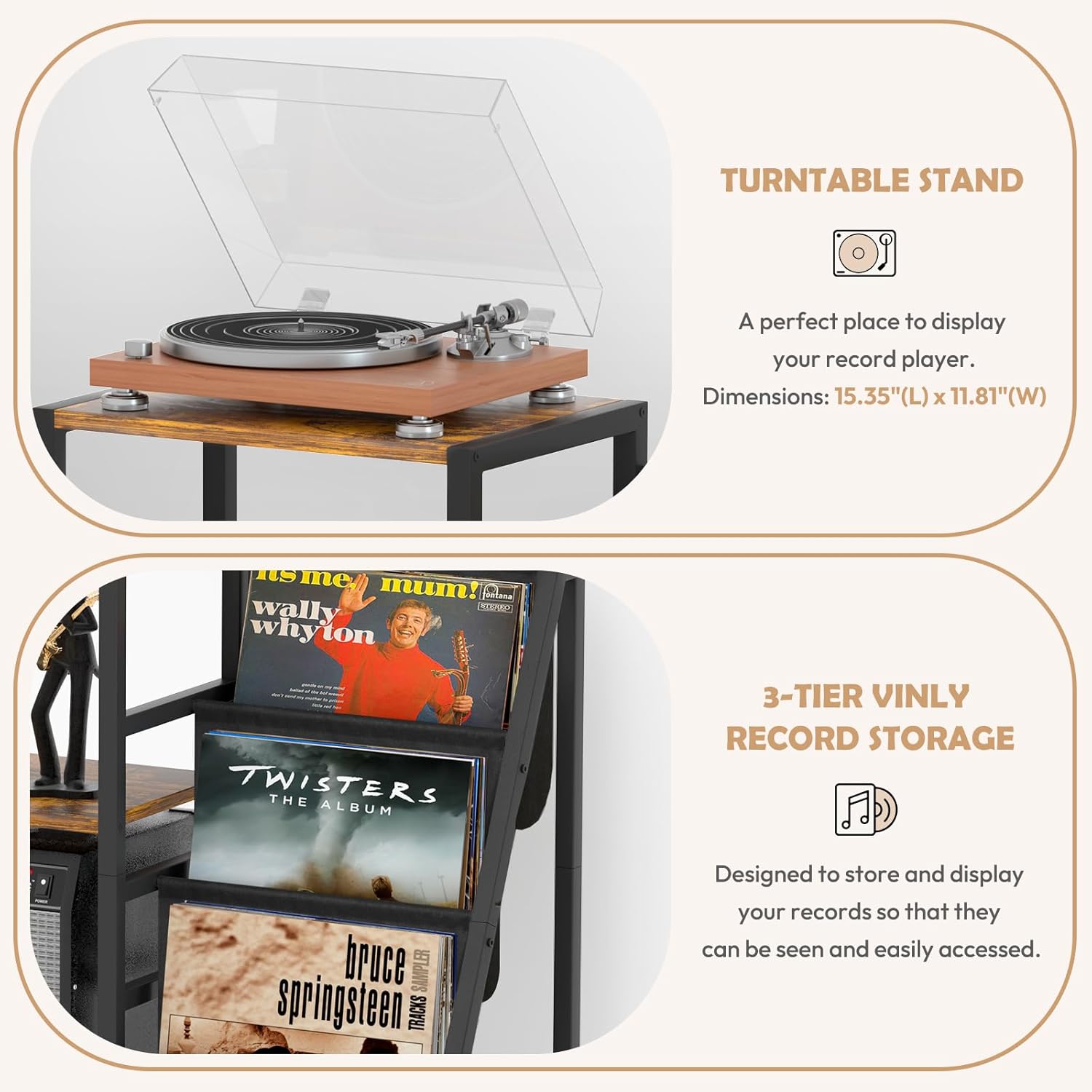 Bikoney Record Player Stand, Guitar Stand for Acoustic, Electric Guitar, Bass with Amp Stand, 3-Tier Vinyl Record Storage Up to 200 Albums, Record Player Table for Record Player, Speaker, Amplifier (3 guitar stand, Brown)