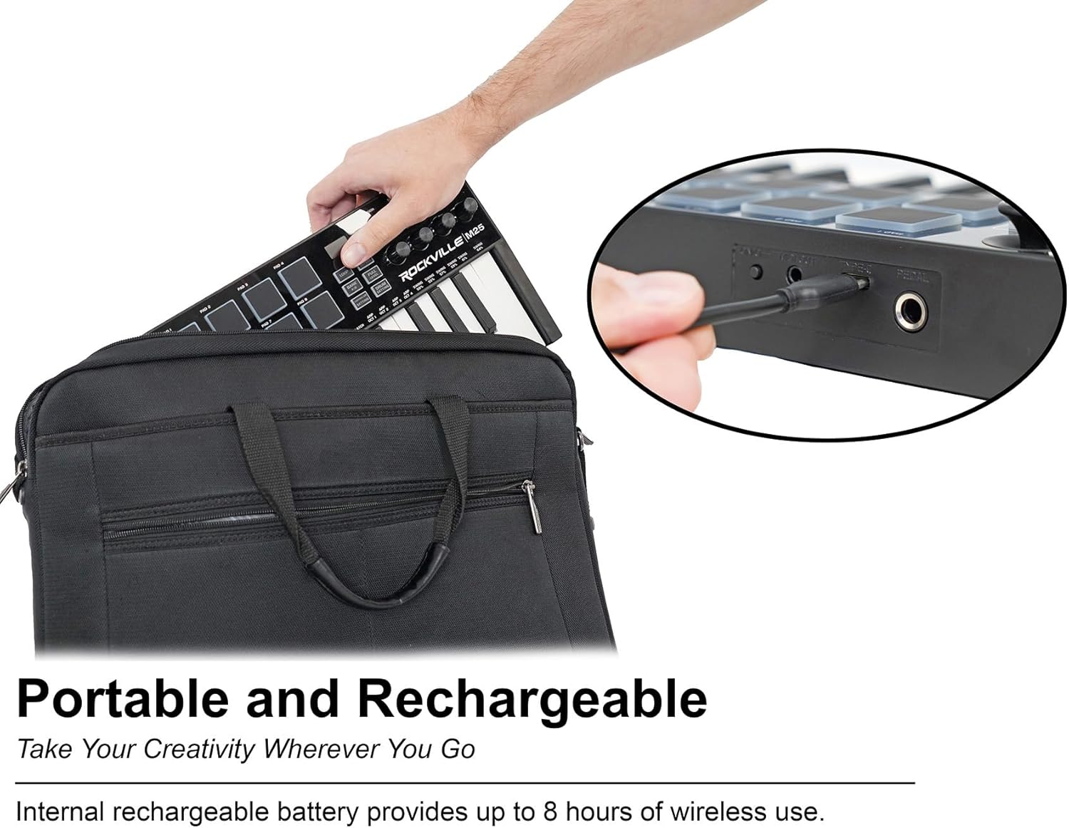 Rockville M25 BLACK 25 Key USB Wireless MIDI Keyboard Controller, Bluetooth, 8 Pads and Knobs, Joystick, Arpeggiator, Compact, for Music Production