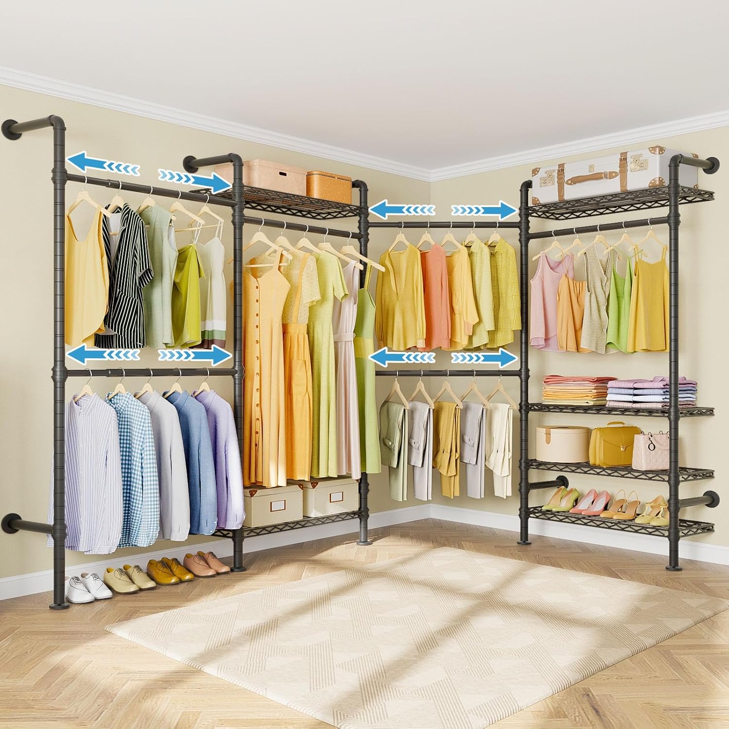 Timate L4 L Shape Garment Rack Heavy Duty Clothes Racks for Hanging Clothes, Expandable Industrial Pipe Clothing Rack Wall Mounted Closet Racks Wardrobe Closet Kit Corner Closet System, Black