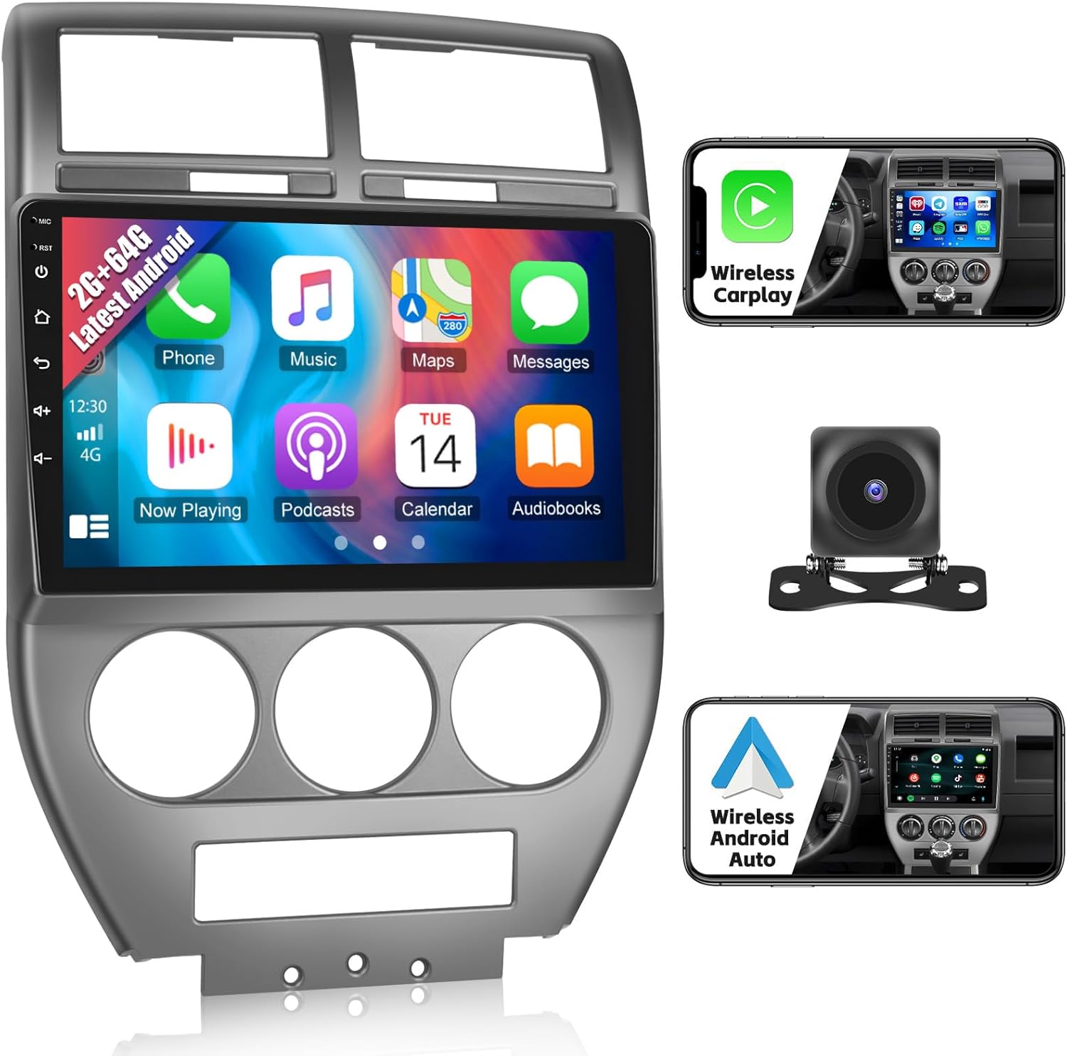 Car Radio for Jeep Compass Patriot 2007 2008 2009: 2G+64G Car Stereo with Wireless Carplay Android Auto, 10.1 inch Touch Screen with Bluetooth Upgrade for Compass Patrio with GPS WiFi SWC FM RDS DSP