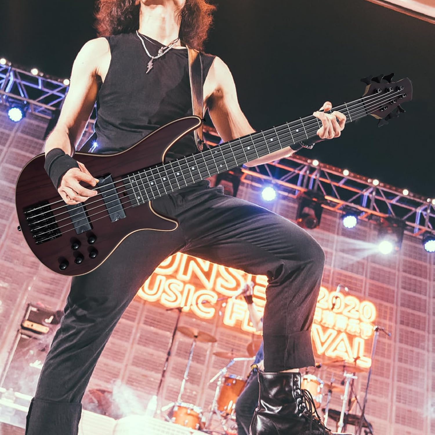 6 String Electric Bass Full Size 6 String Electric Bass Guitar, Electric Bass Guitar Electric Bass, Solid Mahogany Body with Rosewood+Maple Surface, Maple Neck, Rosewood Fingerboard (BLACK)